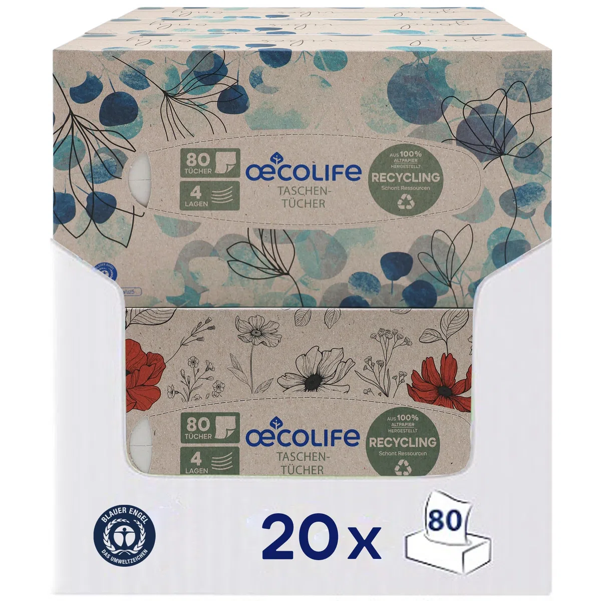œcolife Taschentücher Recycling, 4-lagig, 1600 Tücher, 20 Packungen à 80 Stück, Recyclingpapier