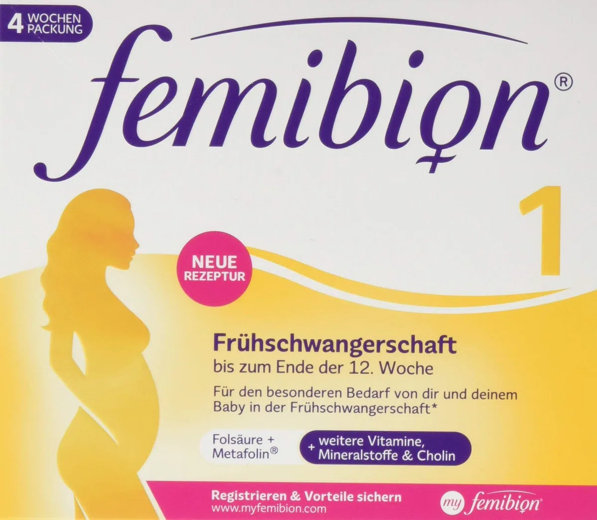 Femibion 1 Frühschwangerschaft, Tägliches Nahrungsergänzungsmittel für SSW 1-12, mit Cholin, Folsäure, Metafolin, 4-Wochen-Pack, 28 Stück