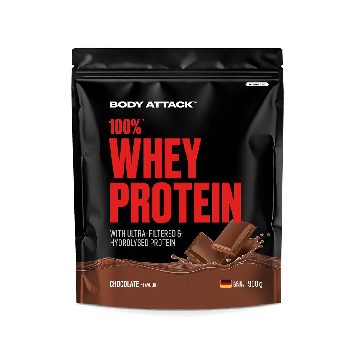 Body Attack 100% Whey Protein - Chocolate, 900 g - Made in Germany - extra cremiges Eiweißpulver mit Hydrolysat und BCAA´s, unterstützt Muskelaufbau und Diäten, für alle Sportler & Athleten