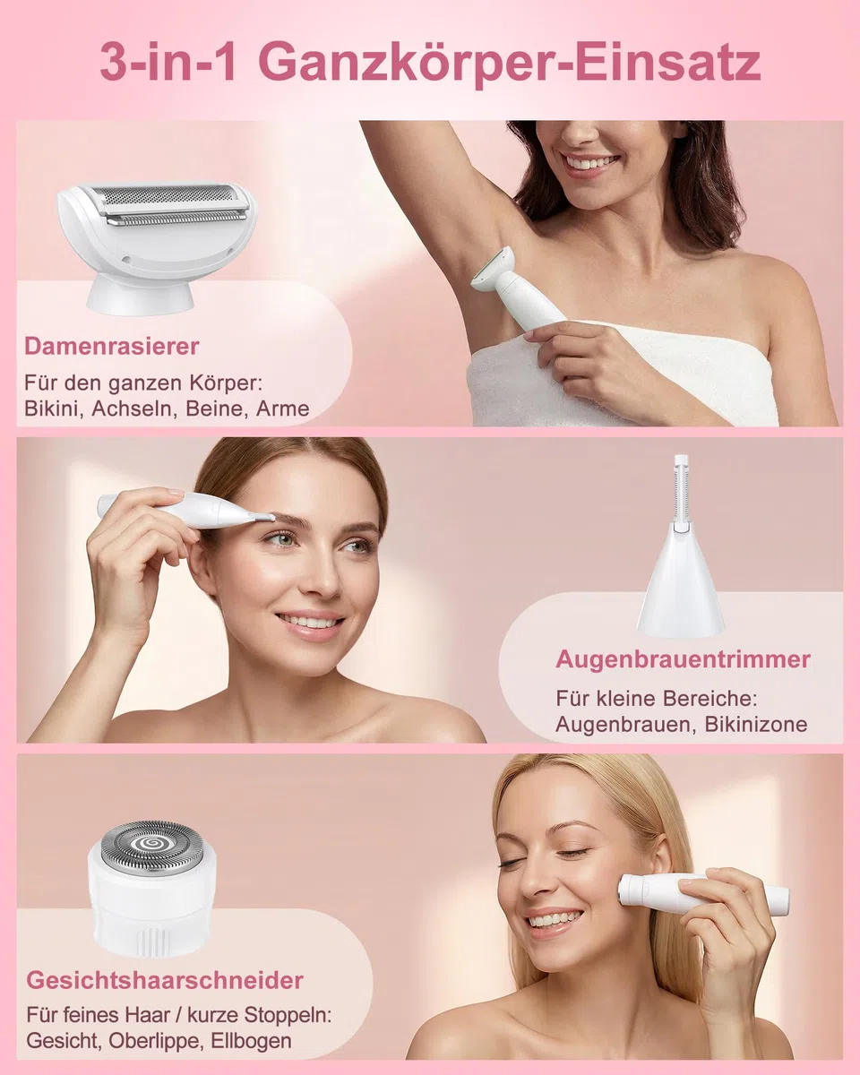Rasierer Damen,3-In-1 Intimrasierer für Frauen & Gesichtshaarentferner für Frauen,IPX7 Wasserdicht, Nass&Trocken,Damenrasierer Elektrisch für Bikinizone,Achseln,Beine,Bikini Trimmer mit USB Aufladung