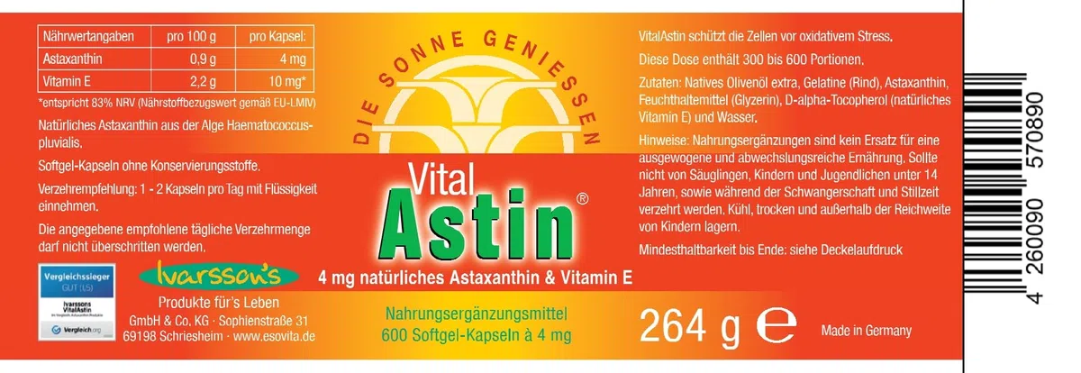 VitalAstin Astaxanthin 600 Kapseln I Das Original - Ivarssons VitalAstin mit 4 mg natürlichem Astaxanthin