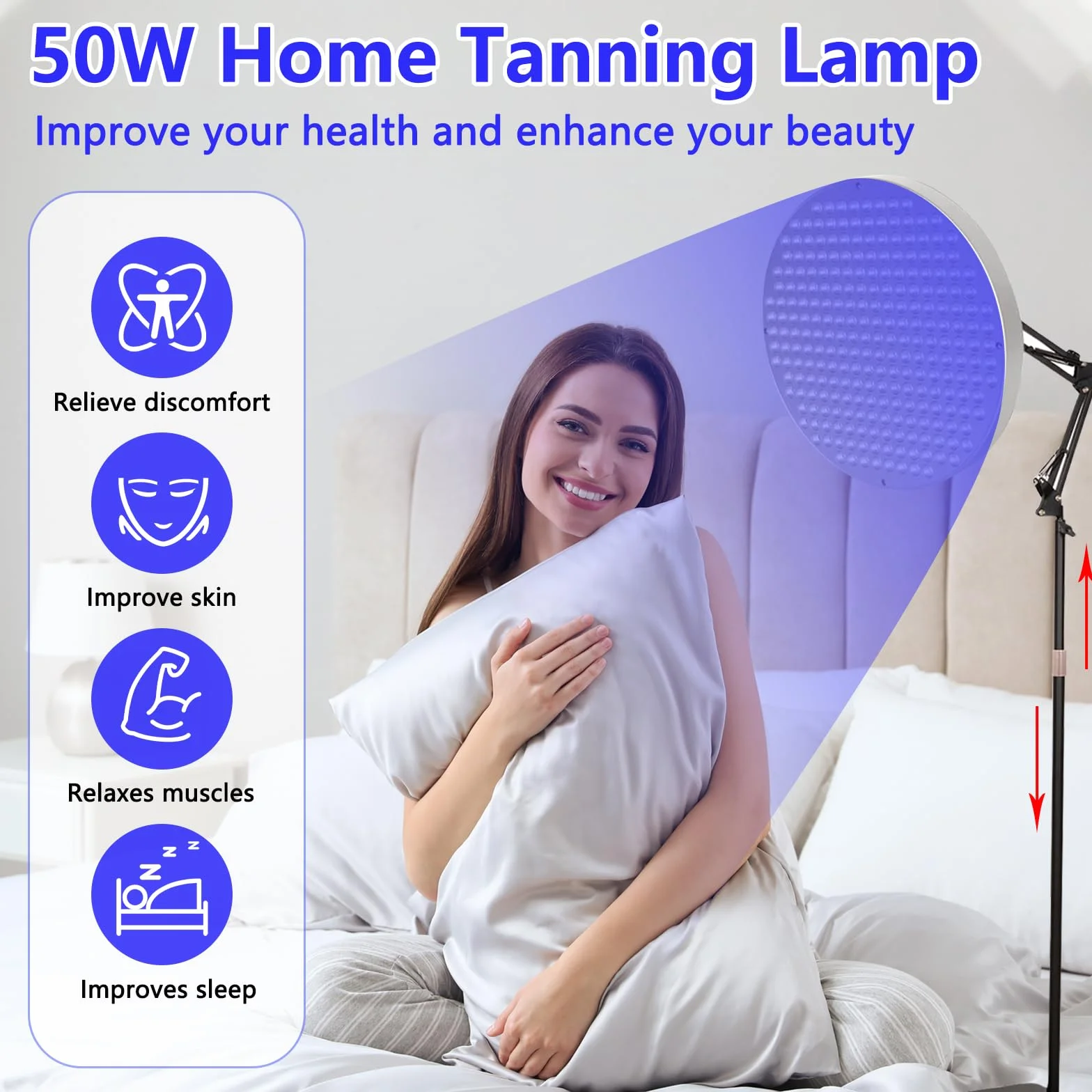 Solarium für Zuhause, 250 LED 460nm Blaues Licht Bräunungslampe Sonnenlampe Bräunungslampen, Halterung 360 Grad Verstellbar, Höhenverstellbar, Hause Tageslicht für Körper und Gesicht