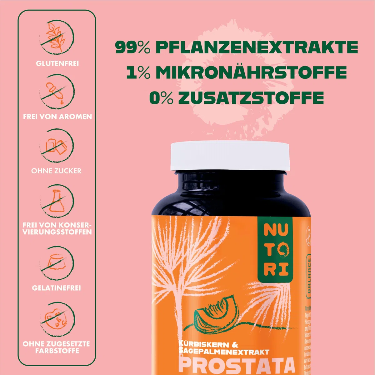 Prostata Kapseln hochdosiert - Kürbiskern- & Sägepalmenextrakt - 120 Kapseln mit Vitamin E, Zink, Selen und Brennnesselwurzelextrakt - 700 mg Kürbiskernextrakt - Vegan - Made in Germany