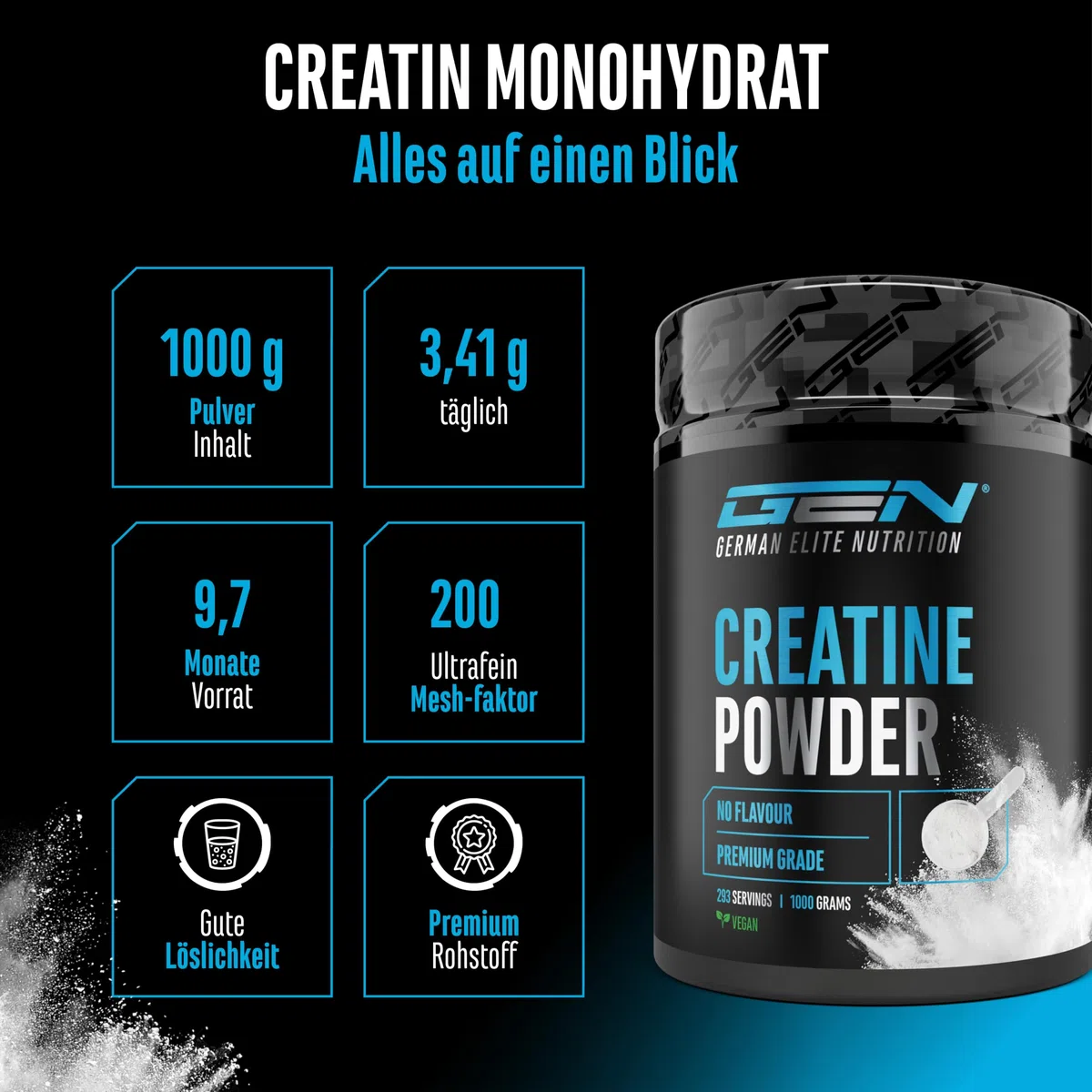 Creatin Pulver - 1kg / 1000 g - Creatine Monohydrat Pulver - Optimale Löslichkeit & mikrofein - Vegan - 293 Anwendungen - German Elite Nutrition | 293 Portionen, mikrofein löslich, Mesh Faktor 200, vegan, ohne Zusätze