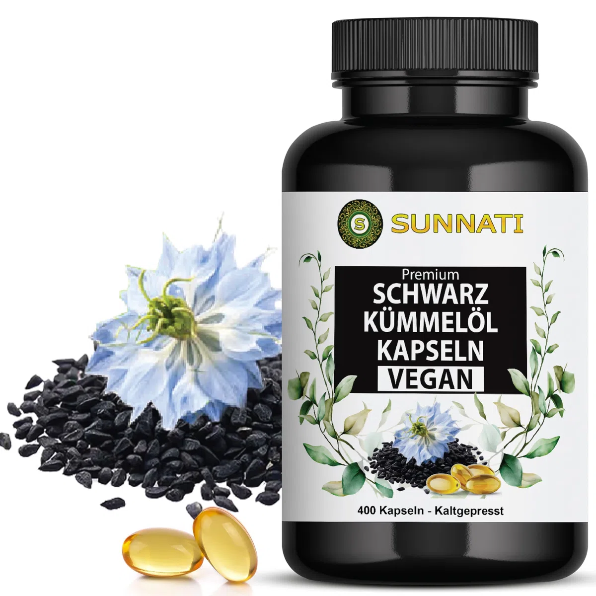 Schwarzkümmelöl - 400 Kapseln VEGAN - 1000 mg Tagesdosis hochdosiert - Kaltgepresst, Ägyptisch, mit Vitamin E, von Sunnati - In Deutschland hergestellt