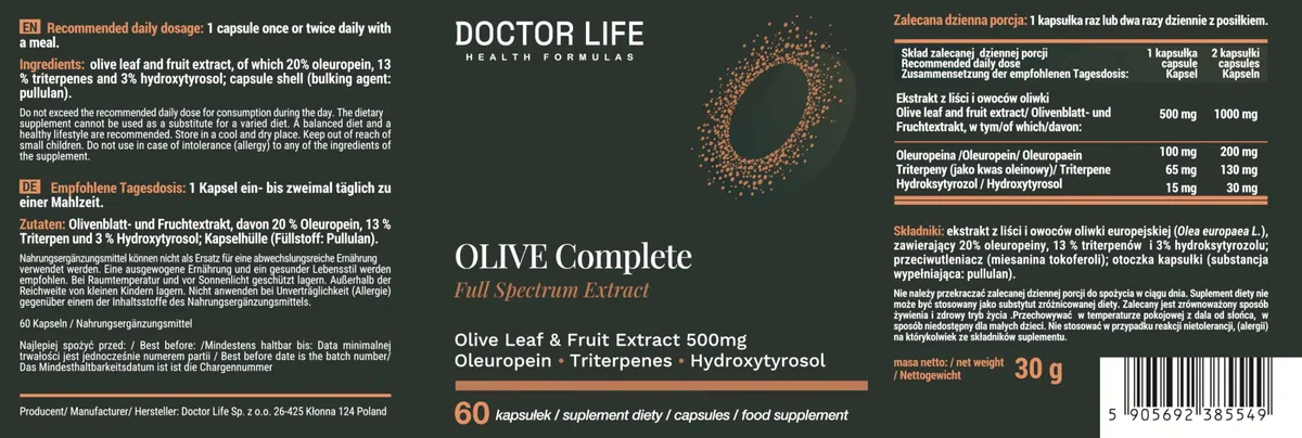 Doctor Life OLIVE Complete - Olivenblatt und Früchteextrakt (20% Oleuropein), 60 Kapseln