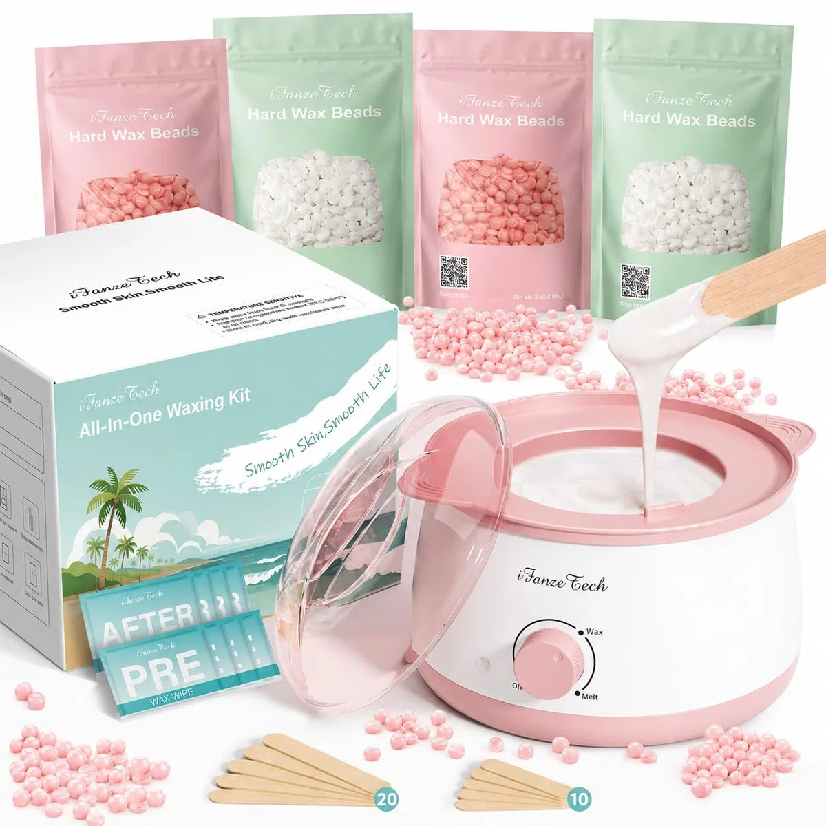 Waxing-Set,Wachs Haarentfernung für Frauen: iFanzeTech Wachswärmer mit 400g Wax, Ganzkörper Haarentfernung mit Warmwachs, Langanhaltend glatt, Heißwachsgerät-Rosa