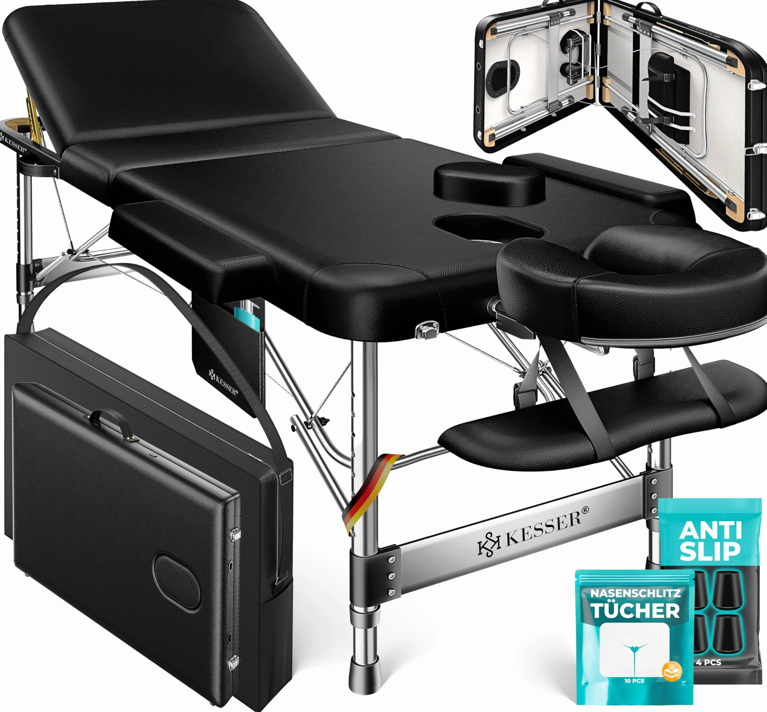 KESSER Massageliege 3 Zonen bis 250kg klappbar verstellbar Alu-Kopfstütze Armlehne Tragetasche 60cm Schwarz