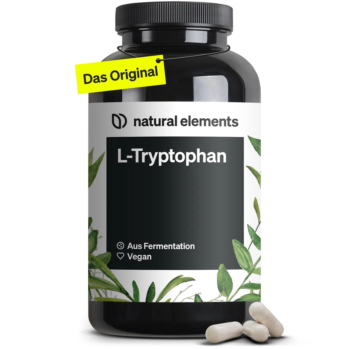 natural elements L-Tryptophan - hochdosiert mit 500mg je Kapsel - 240 vegane Kapseln - 8 Monate Reichweite - Aus pflanzlicher Fermentation - Laborgeprüft, ohne unerwünschte Zusätze, vegan