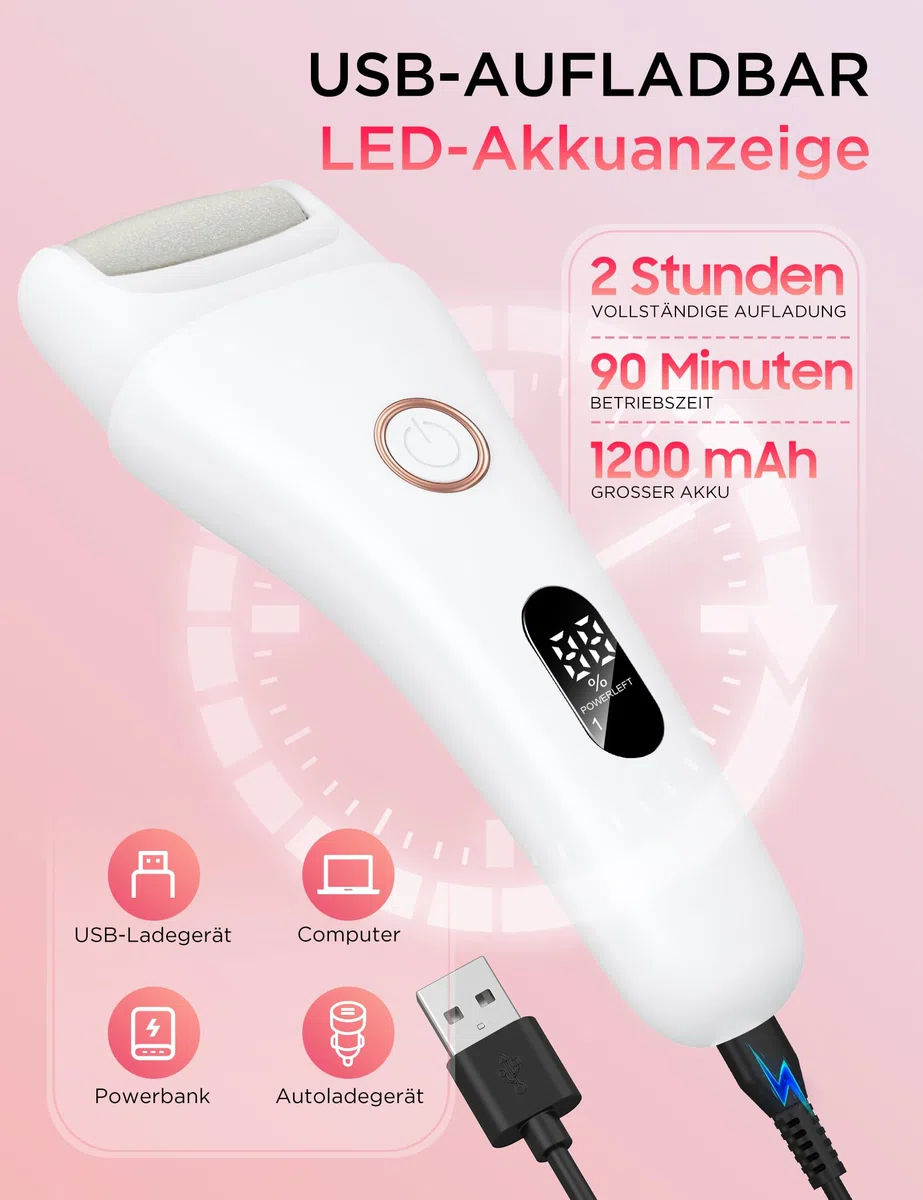 Hornhautentferner Elektrisch,Pediküre Set Fußpflege Elektrisch mit 3 Rollen,3 Gear USB Elektrischer Hornhautentferner mit Arbeitslicht für Hornhaut Entfernen fuß,Rissige Fersen,Tote Haut,Wasserdicht