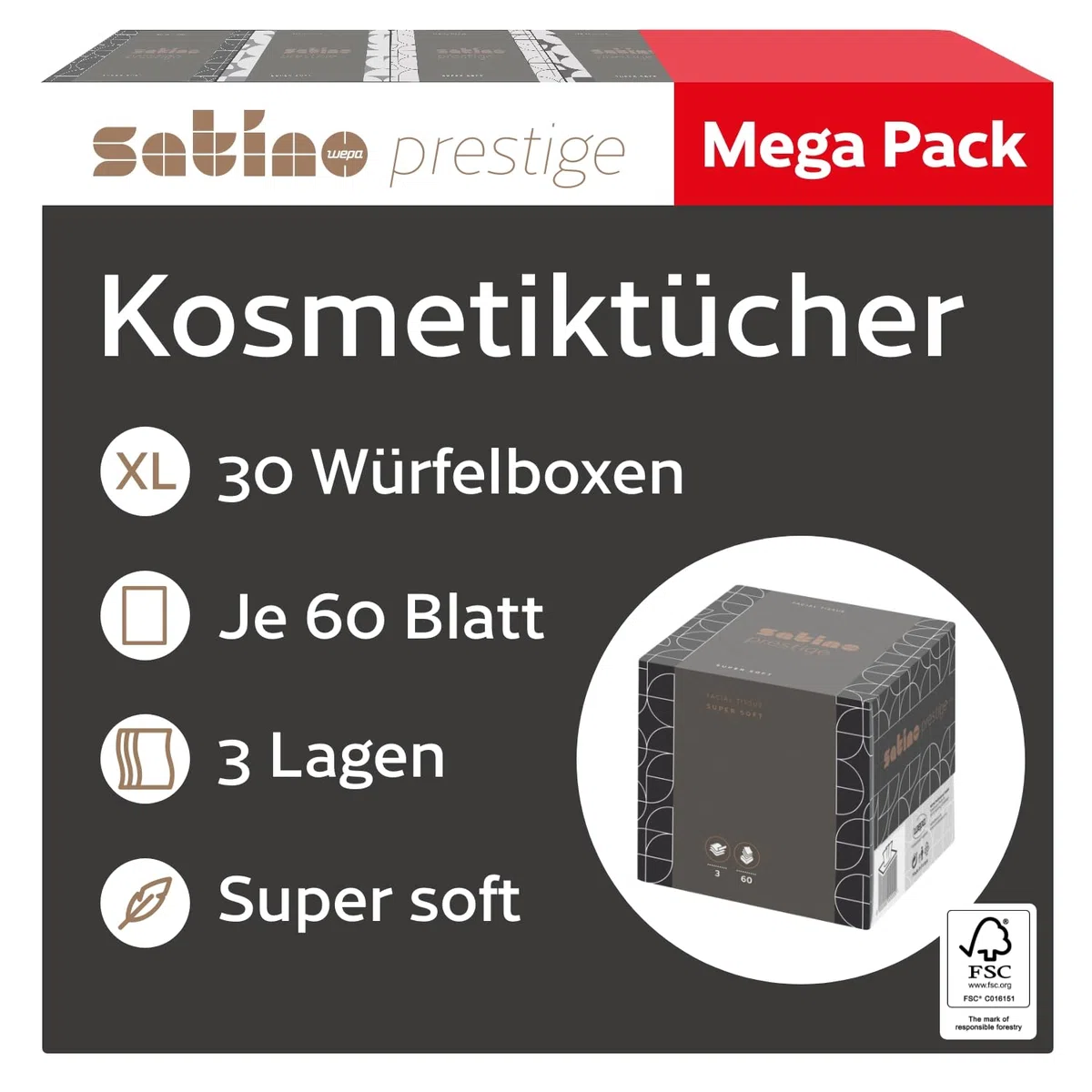 30 x Kosmetiktücher Box – 3-lagig - 30 x 60 Blatt – Kosmetiktücher 3lagig – 1.800 Stk. - 30 Boxen mit 60 Tücher – supersoft – Made in Germany - Satino