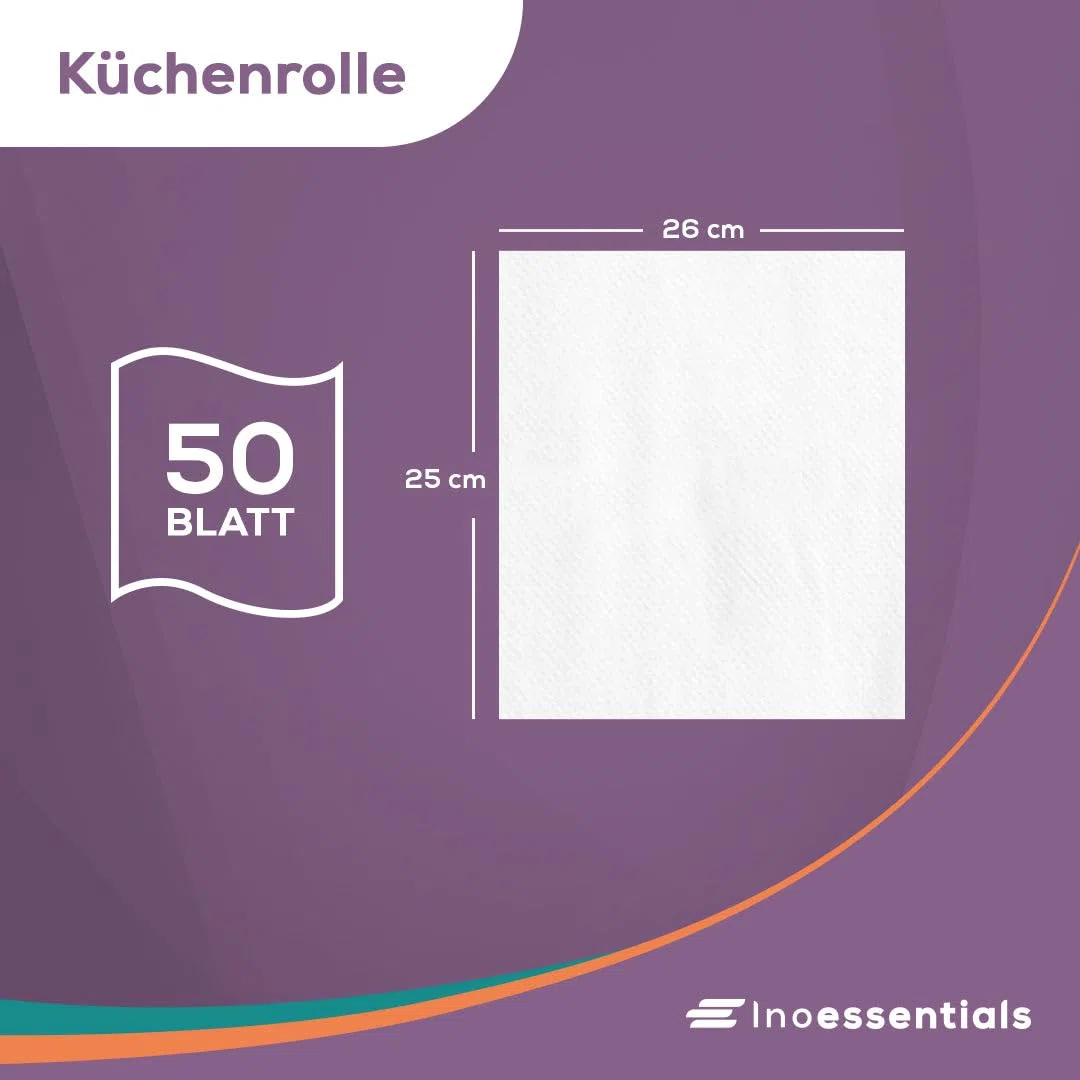Inoverse 3-lagig Küchenrollen, 4 Rollen (8er Pack) – 50 Blätter pro Rolle, Küchenpapier aus 100% Zellstoff, Extra Saugfähig & Reißfest, Haushaltsrollen