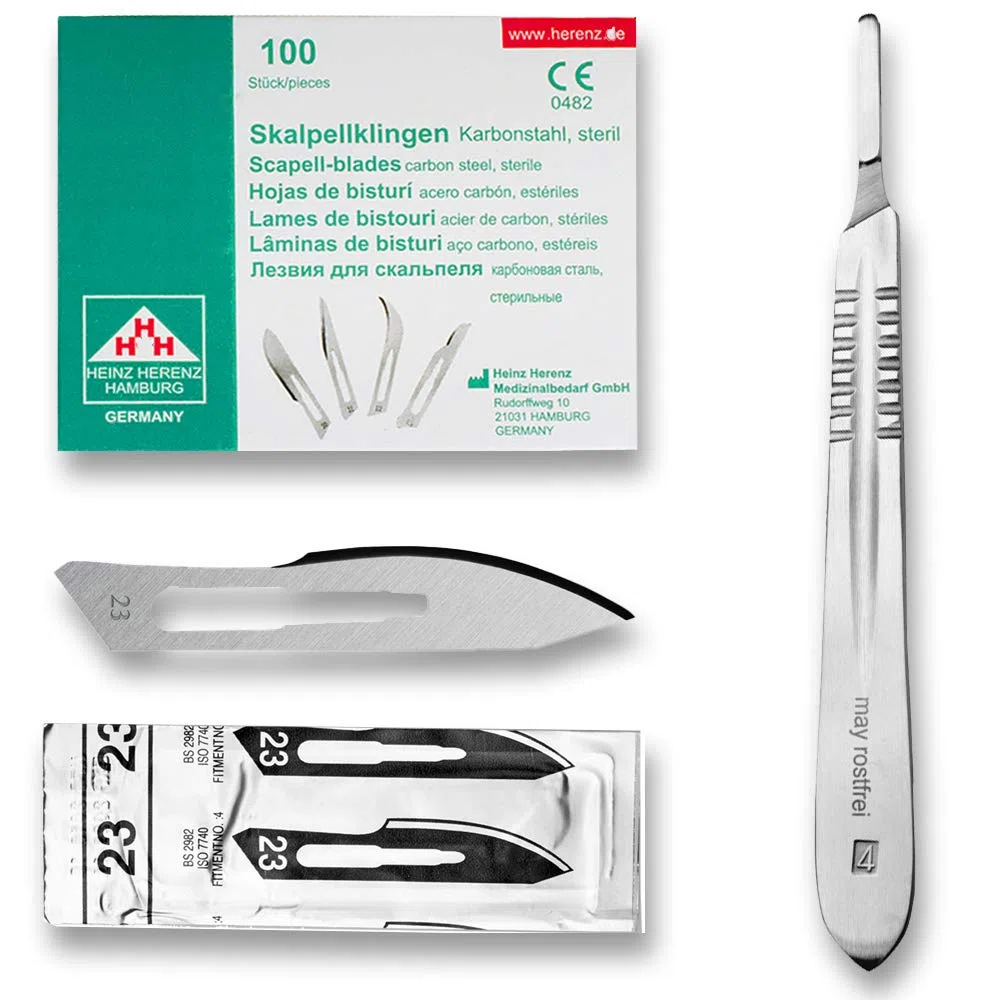 May Skalpell Set – 100 Sterile Skalpellklingen Figur 23 aus Karbonstahl, einzeln verpackt – Inkl. Edelstahl Skalpellhalter Nr. 4 – Präzisions Einwegklingen für Basteln, Modellbau & Fußpflege