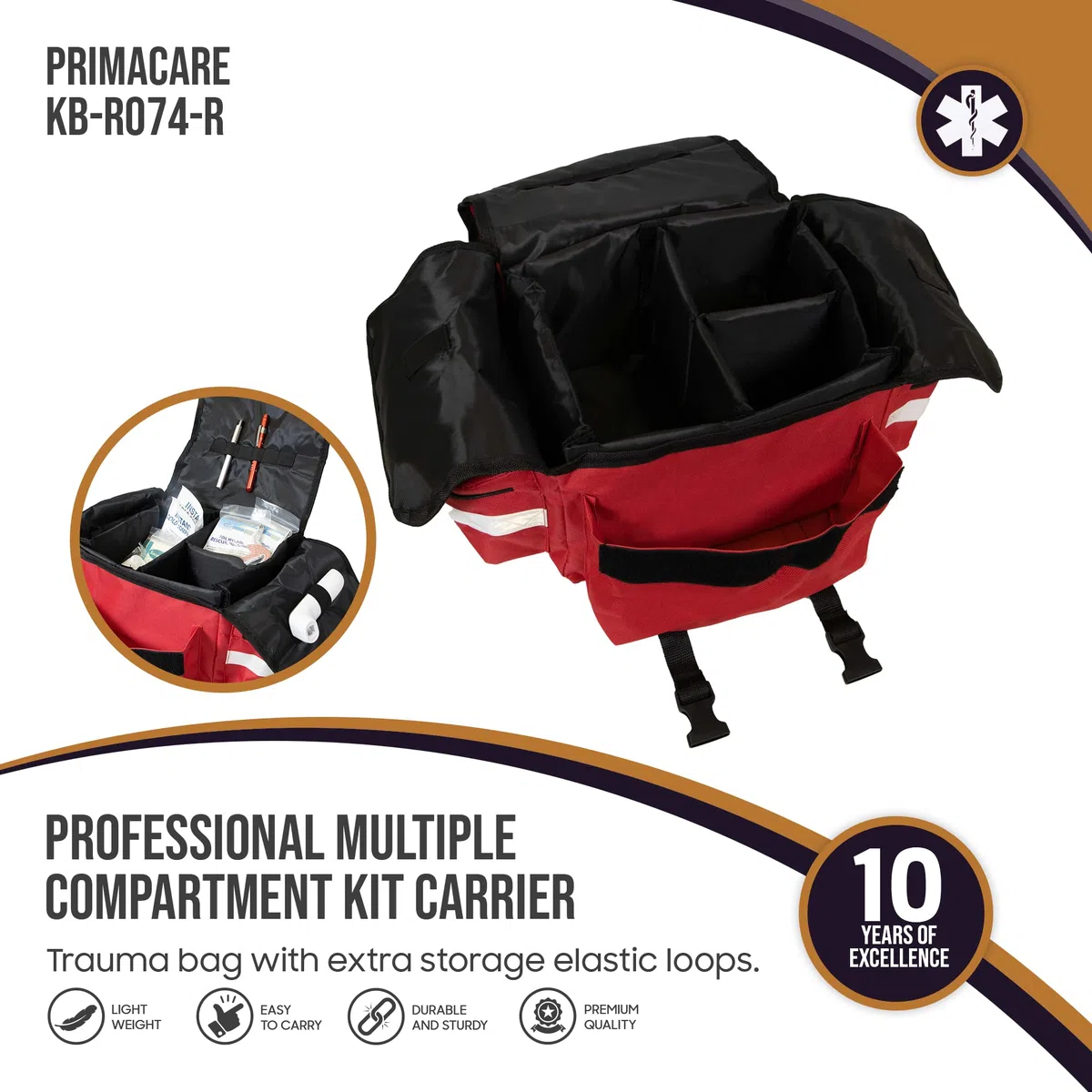 Primacare Ersthelfer-Tasche für Trauma, professionelles Set mit mehreren Fächern, Tasche für medizinisches Notfall-Zubehör, rot, 43,2 x 22,9 x 17,8 cm, KB-RO74-R