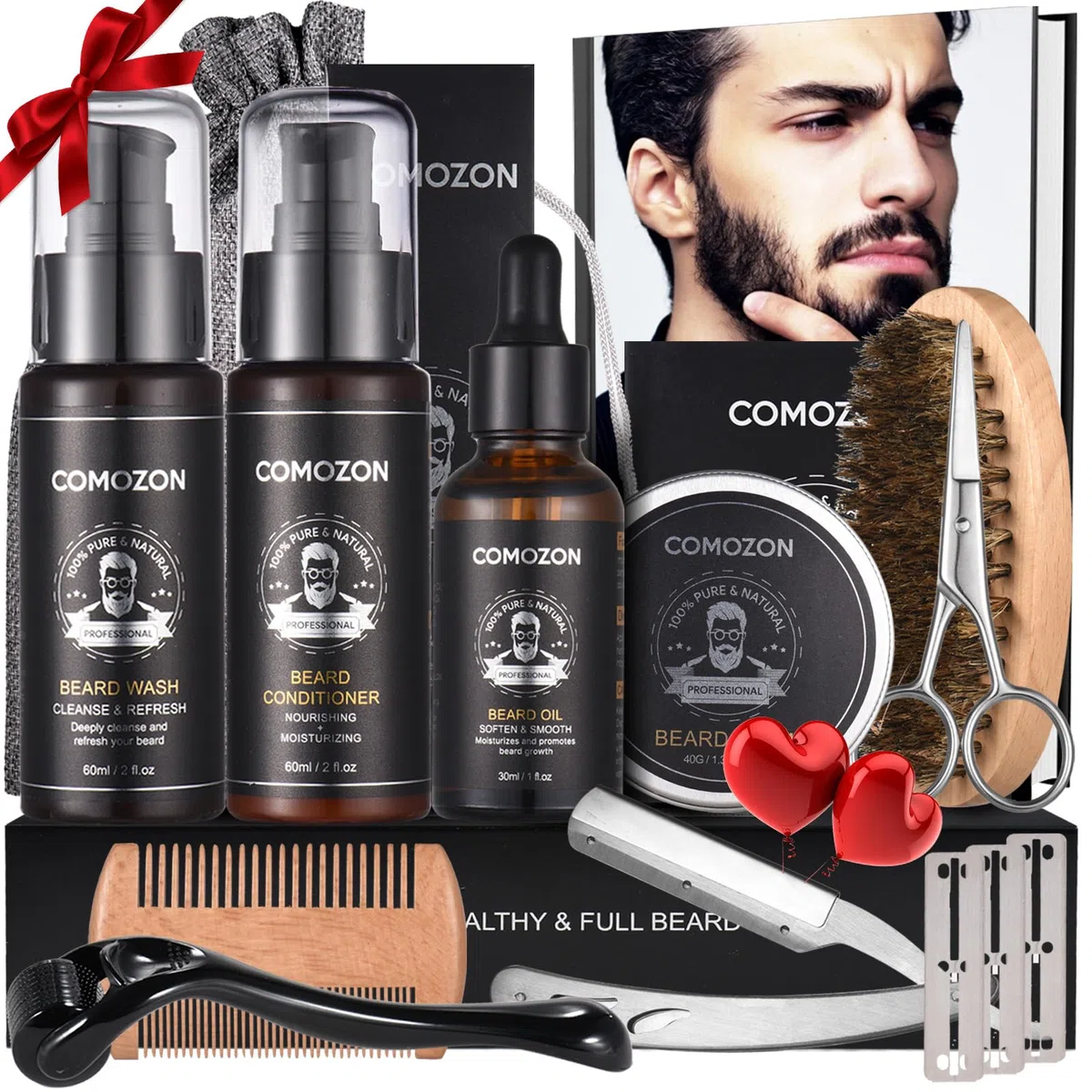 Comozon Bartpflege Set für Männer - 12-in-1 Bart Vatertagsgeschenk, Bartwuchsmittel Männer mit Bartroller/Bartöl/Rasiermesser/Bartbürste/Bartshampoo/Bart Conditioner/Bartbalsam/Bartkamm/Bartschere