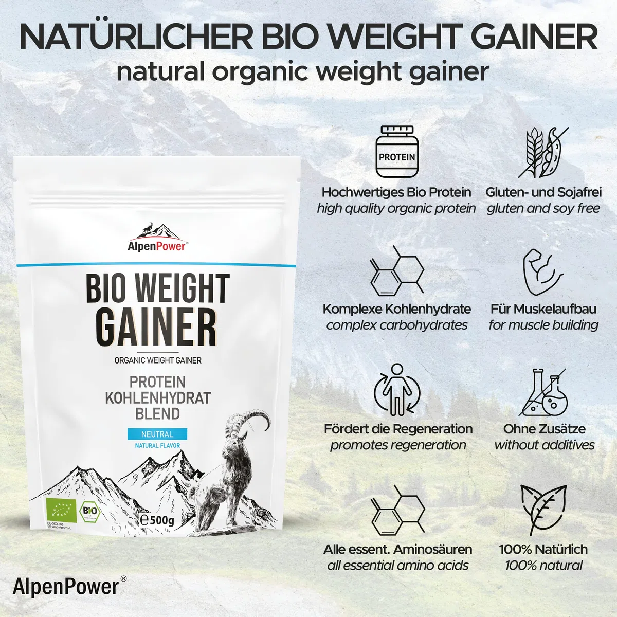 AlpenPower BIO Weight Gainer Neutral 500 g I 100% natürliche Zutaten & ohne Zusatzstoffe I Hochwertige Protein-Kohlenhydrat Mischung I Für Muskelaufbau