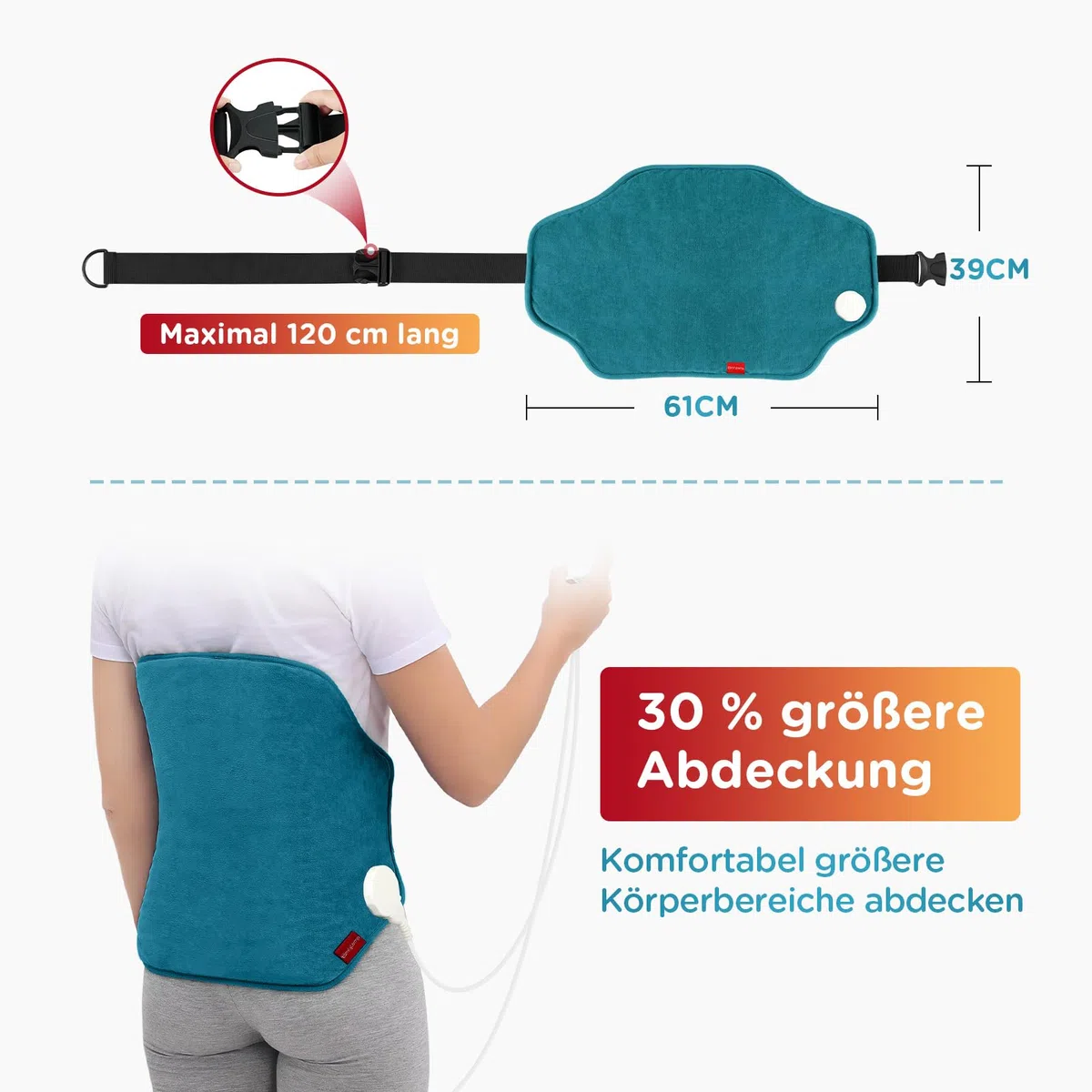 Comfytemp Großes Heizkissen für Rücken mit 9 Wärmestufen 0,5-9h Abschaltautomatik, 39x61cm Elektrisches Rückenwärmer Wärmegürtel Heizgürtel Wärmekissen Maschinenwaschbar（Max. Tailleumfang: 120 cm）