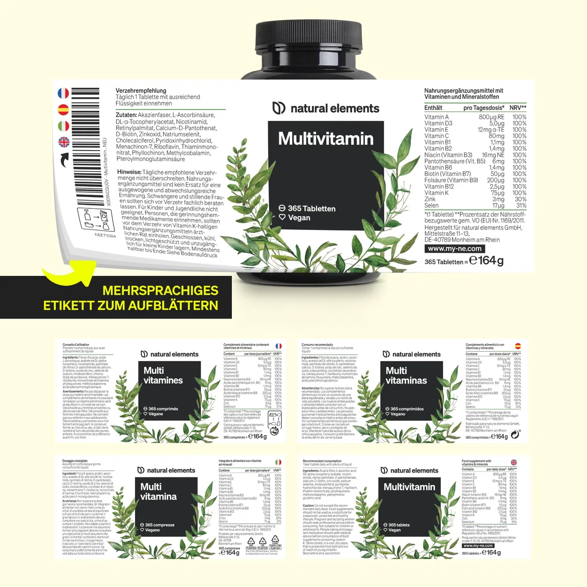 natural elements Multivitamin – 365 vegane Tabletten – Jahresvorrat – wertvolle Vitamine A-Z, mit Vitamin K1 und K2 – ohne unnötige Zusätze – in Deutschland produziert & laborgeprüft