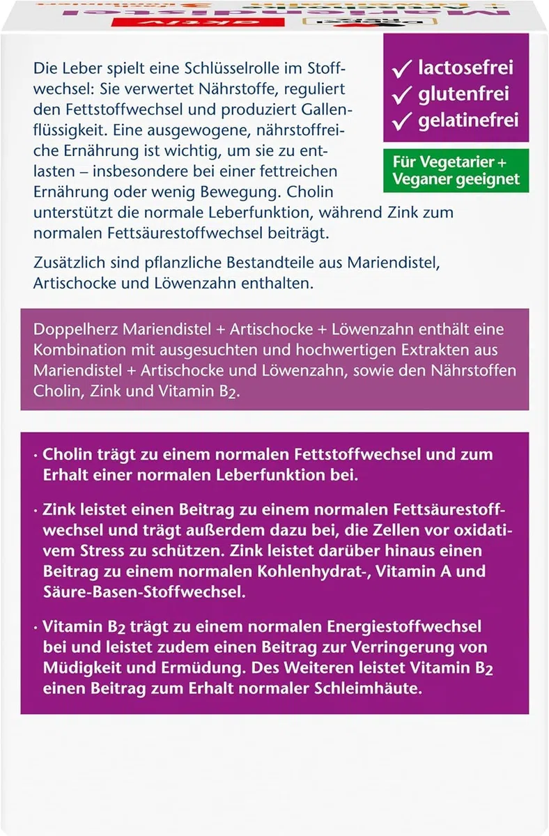 Doppelherz Mariendistel + Artischocke + Löwenzahn - Cholin trägt zum Erhalt der normalen Leberfunktion bei - 120 Kapseln