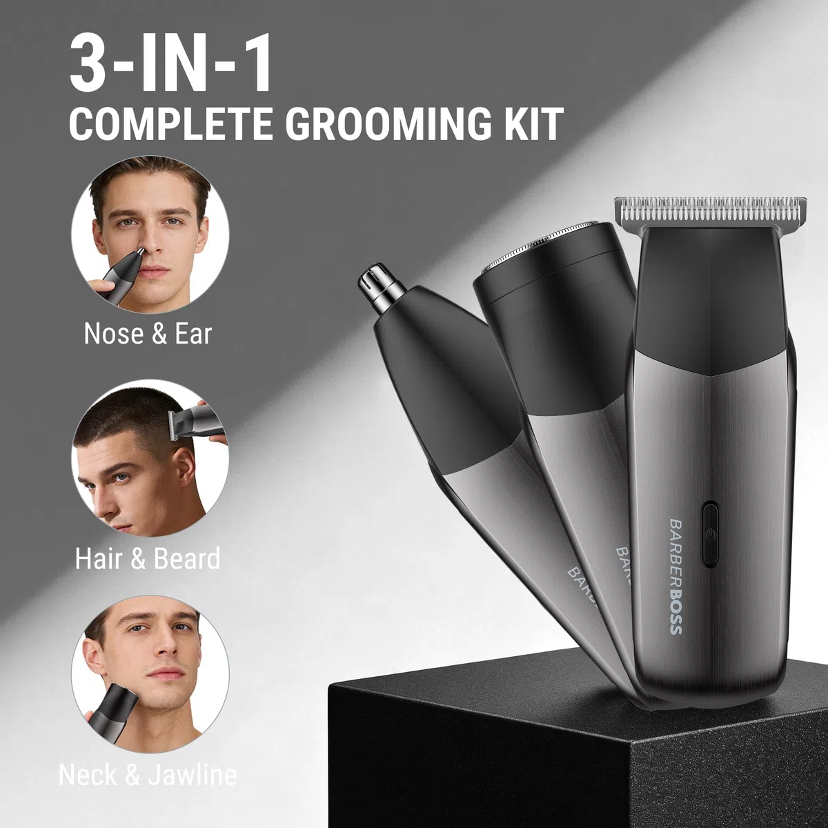 BarberBoss 3-in-1 Reiseschneider für Männer, Bart- & Haarschneider, Nasen- & Ohrentrimmer, Mini Elektrorasierer Herren, Dual-Speed Trimmer Set (Metallisches Pistolenpulver) | Reise-Trimmer-Set, Bart- und Haarschneider, Nasen- und Ohrentrimmer, Mini-Folien