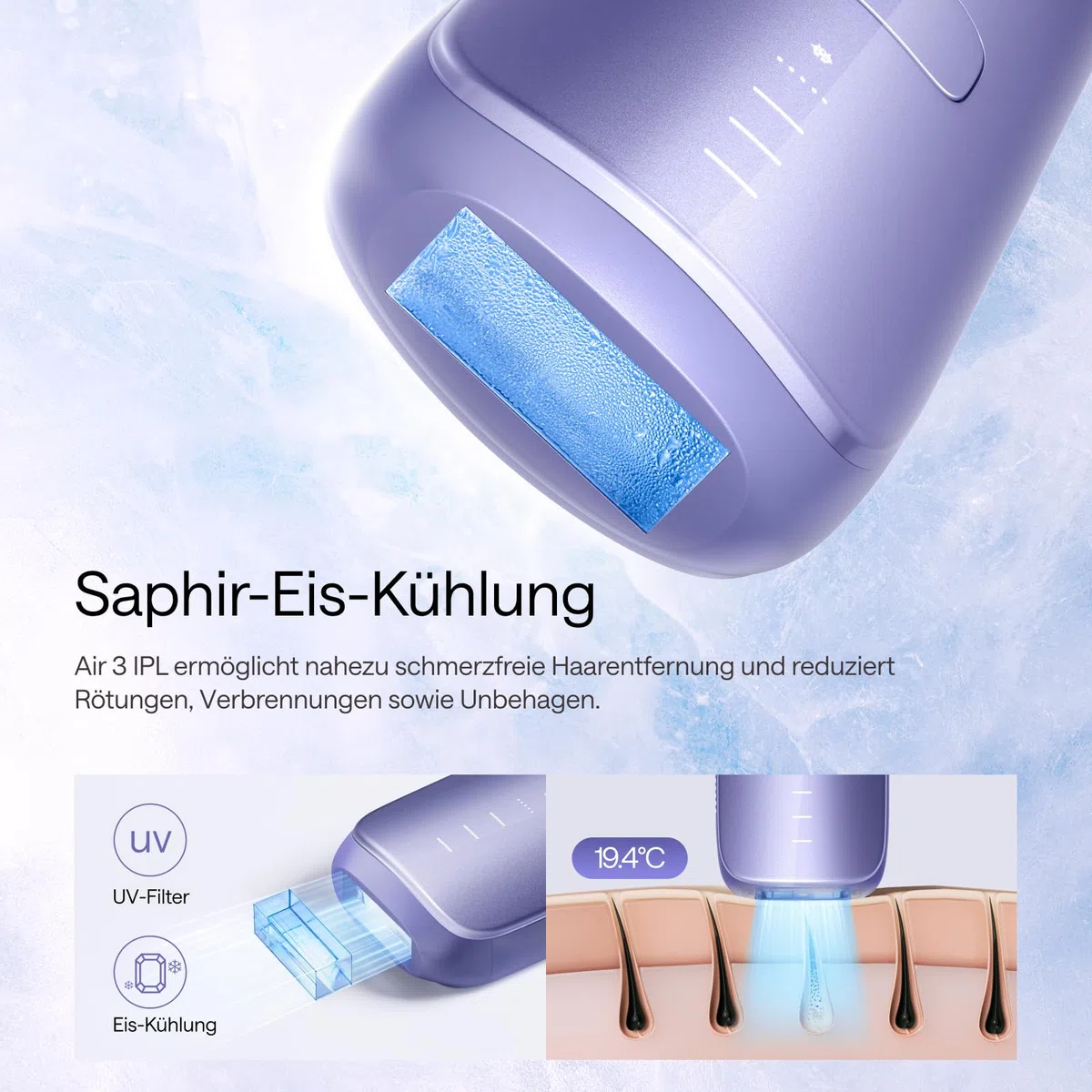 Ulike Air 3 IPL Gerät Haarentfernung für Gesicht und Körper, mit Saphir-Eiskühlsystem, Lila
