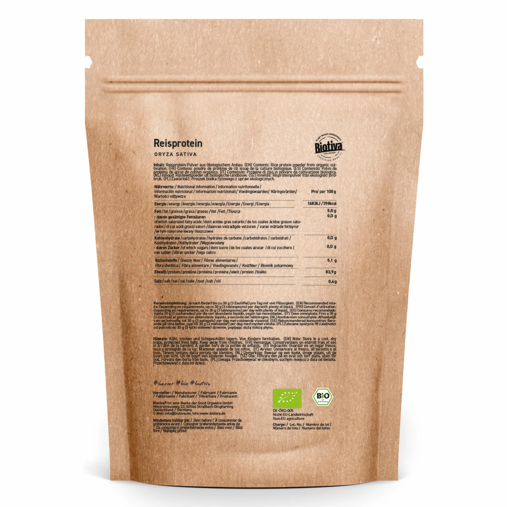 Reisprotein Bio 80% Protein - vegane Proteinquelle - ohne Zusätze - Frei von Gluten Soja und Lactose - Top Bio Qualität - Abgefüllt und kontrolliert in Deutschland - Biotiva
