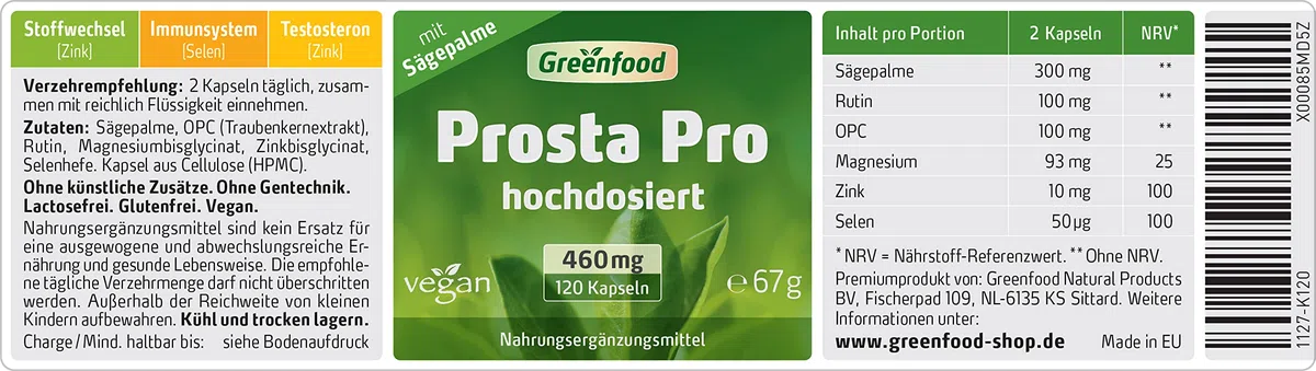 Prosta Pro, 460 mg - 120 Kapseln, vegan. Hochdosierte, reichhaltige Formel - mit Sägepalme, Zink, Selen u.a. OHNE künstliche Zusätze - laborgeprüft. Von Greenfood.