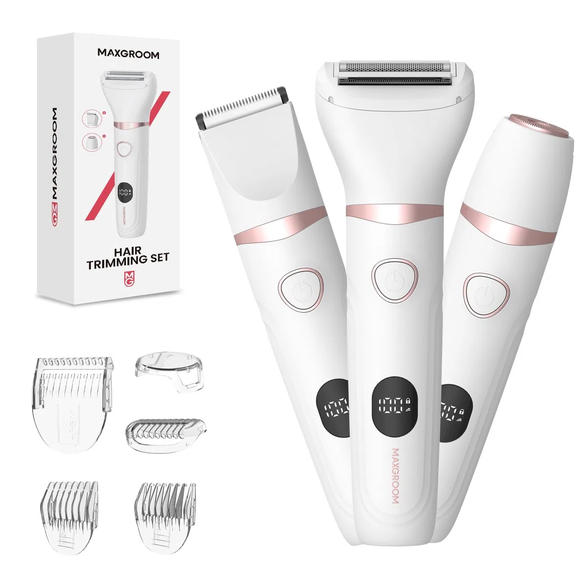 MAXGROOM 3-in-1 Intimrasierer für Frauen,Akku Elektrischer Rasierer Damen Intimbereich mit LED Nass-Trocken Damenrasierer Elektrisch,Bikini Trimmer Damen Intimbereich