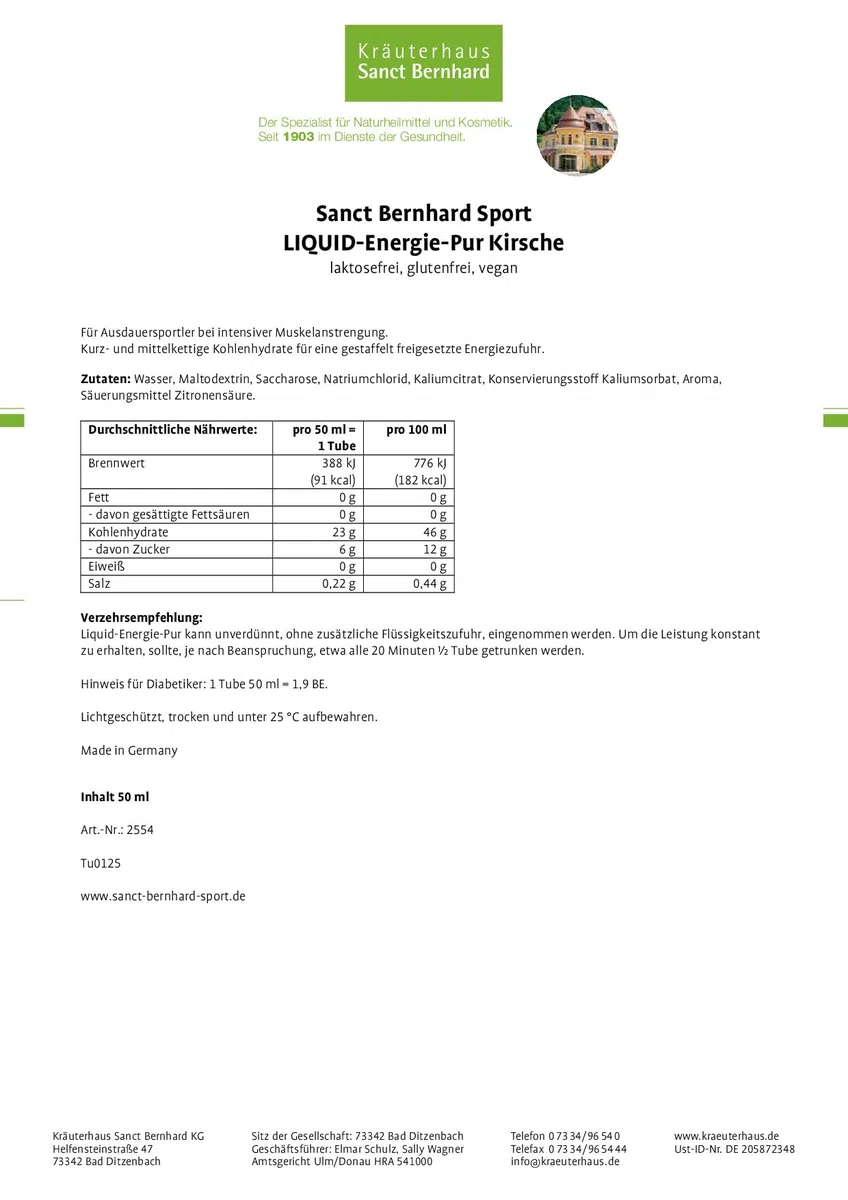 Sanct Bernhard Sport Liquid Energie Pur | 11 Tuben | Kohlehydratreiches Energie-Gel | Geschmack Kirsche | Laktosefrei, glutenfrei und vegan | Deutsche Produktion & laborgeprüft