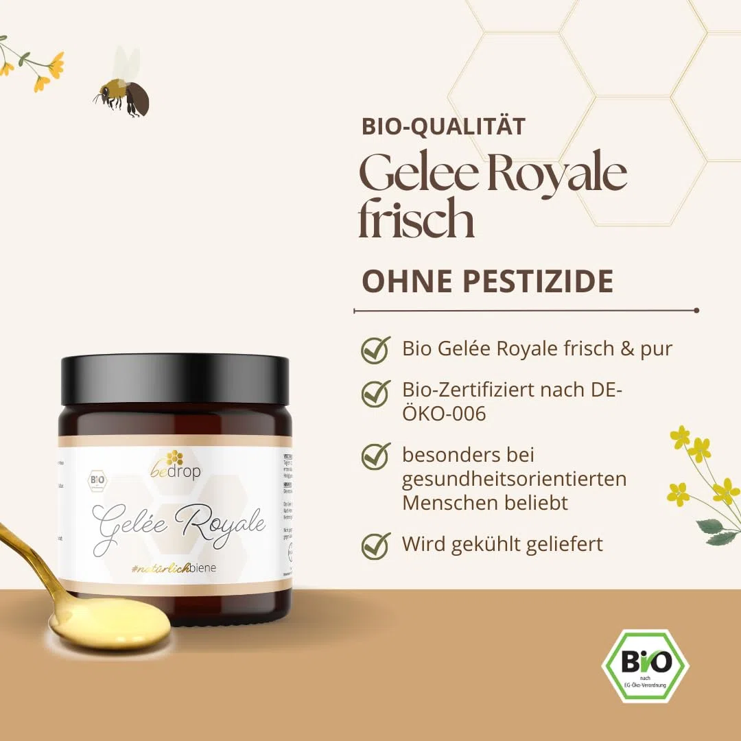 bedrop Bio Gelée Royal frisch & pur 100g in Bio Qualität I 10-HDA Gehalt >1,7% - 100% natürliche Bienenmilch - Frisches Gelee Royale vom Imker