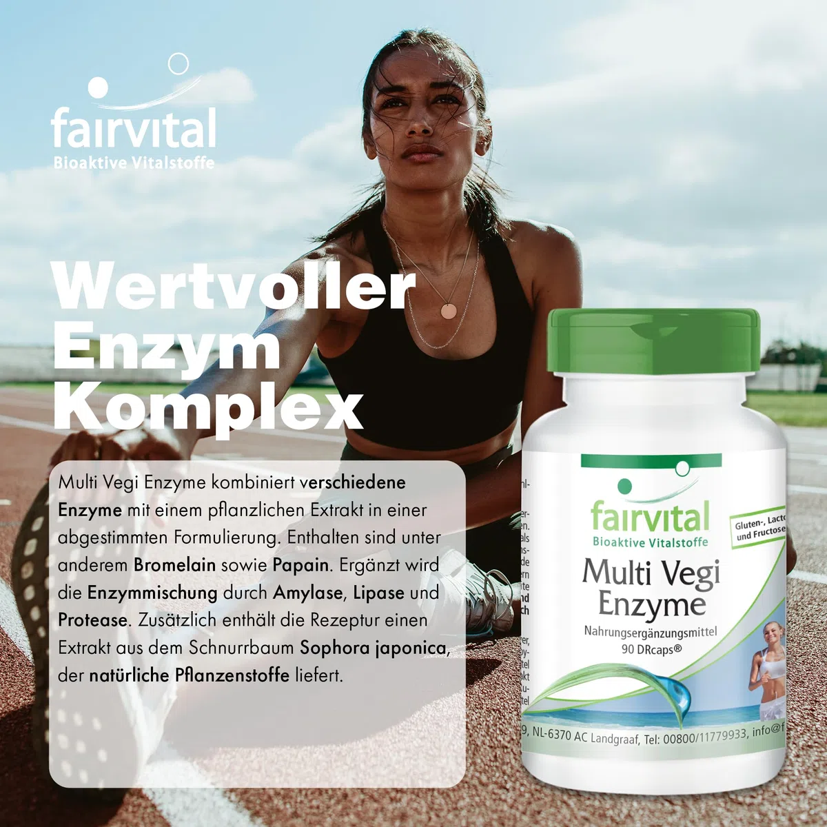 fairvital Multi Vegi Enzyme, 90 Kapseln, 100% pflanzlicher Enzymkomplex mit Bromelain + Papain + Amylase + Lipase + Lipase + Protease + Rutin, für eine zeitverzögerte Freisetzung