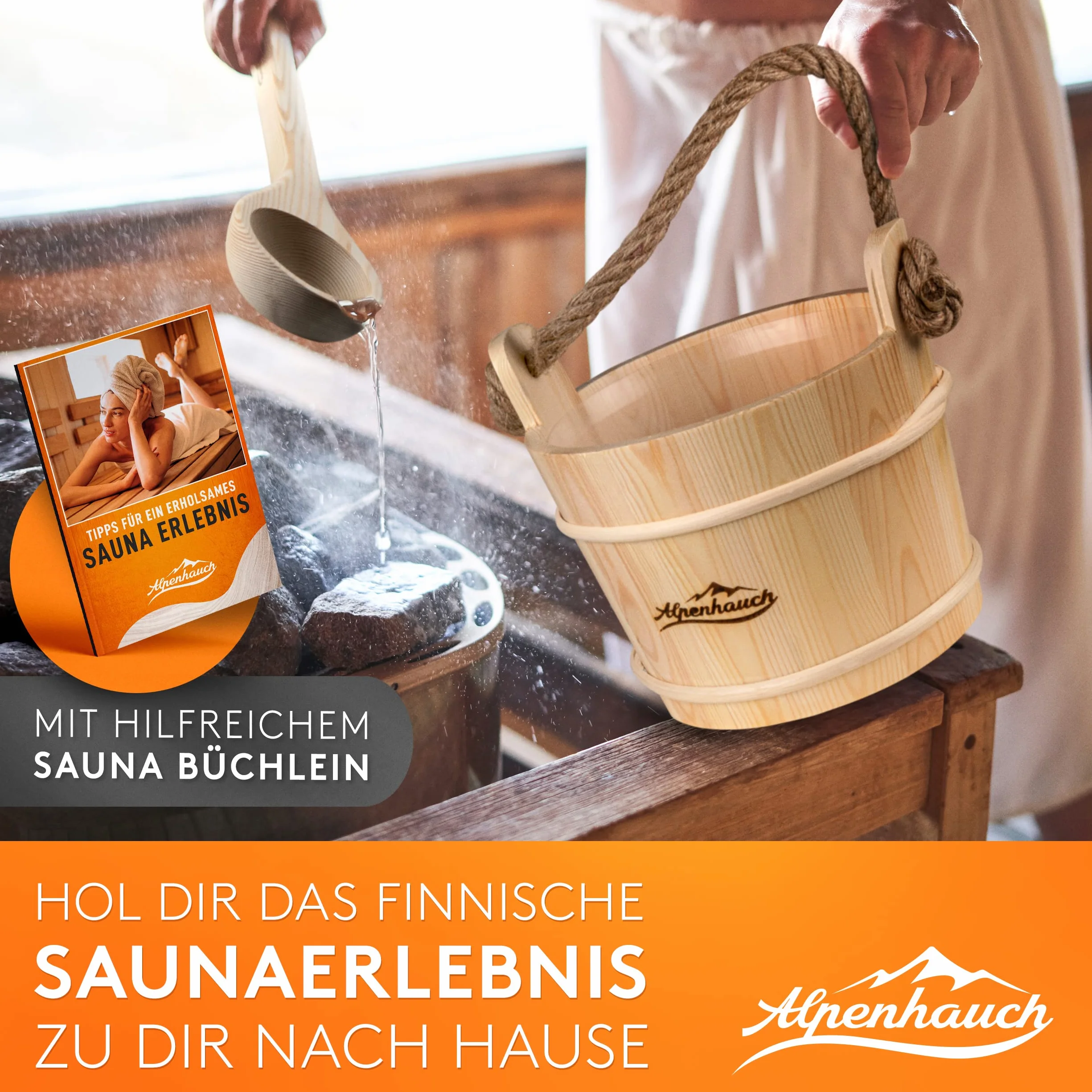 ALPENHAUCH Sauna Eimer mit Kelle [100% Naturholz] - Edles Saunakübel Set mit Sauna Sanduhr & Thermometer/Hygrometer - Langlebiges Sauna Zubehör - Aufgusseimer Set inkl. praktischem Sauna Büchlein