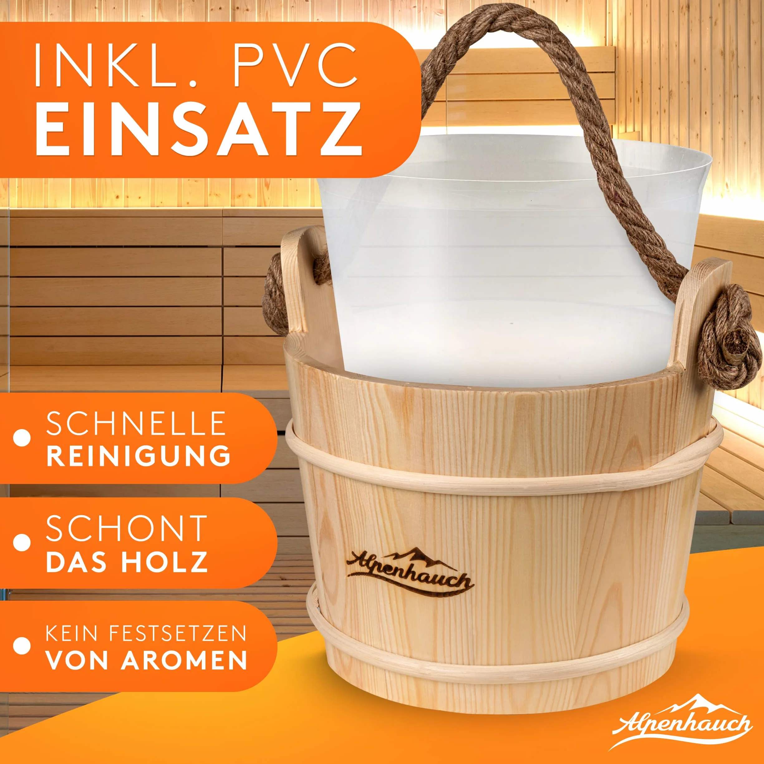 ALPENHAUCH Sauna Eimer mit Kelle [100% Naturholz] - Edles Saunakübel Set mit Sauna Sanduhr & Thermometer/Hygrometer - Langlebiges Sauna Zubehör - Aufgusseimer Set inkl. praktischem Sauna Büchlein