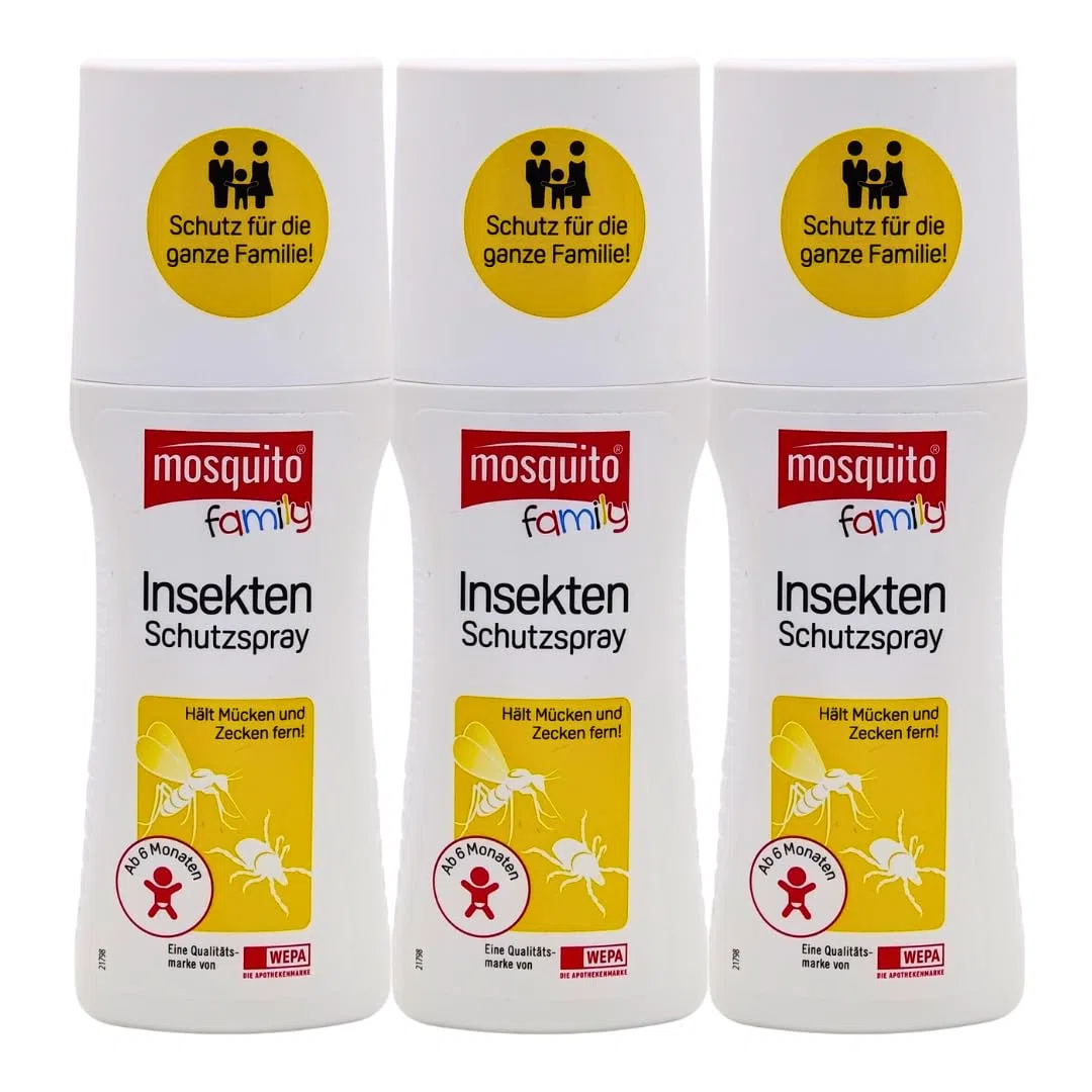 Mosquito Family Insekten-Schutzspray 3x 100 ml I bis zu 6 Stunden Schutz vor Mücken, Bremsen, Zecken I Mückenspray I für Kinder ab 6 Monaten I Outdoor-Schutz I Spar-Set plus Pharma Perle give-away