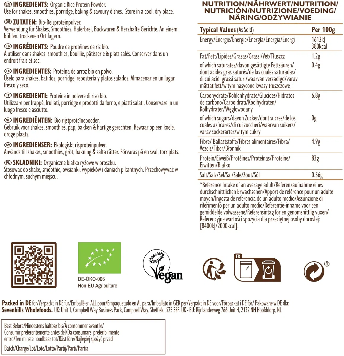 Sevenhills Wholefoods Bio Reisprotein Pulver 1kg - aus braunem Reis – 84% Proteingehalt, vegan, ungesüßt, milchfrei, glutenfrei, ohne Zusatz- oder Konservierungsstoffe, gentechnikfrei