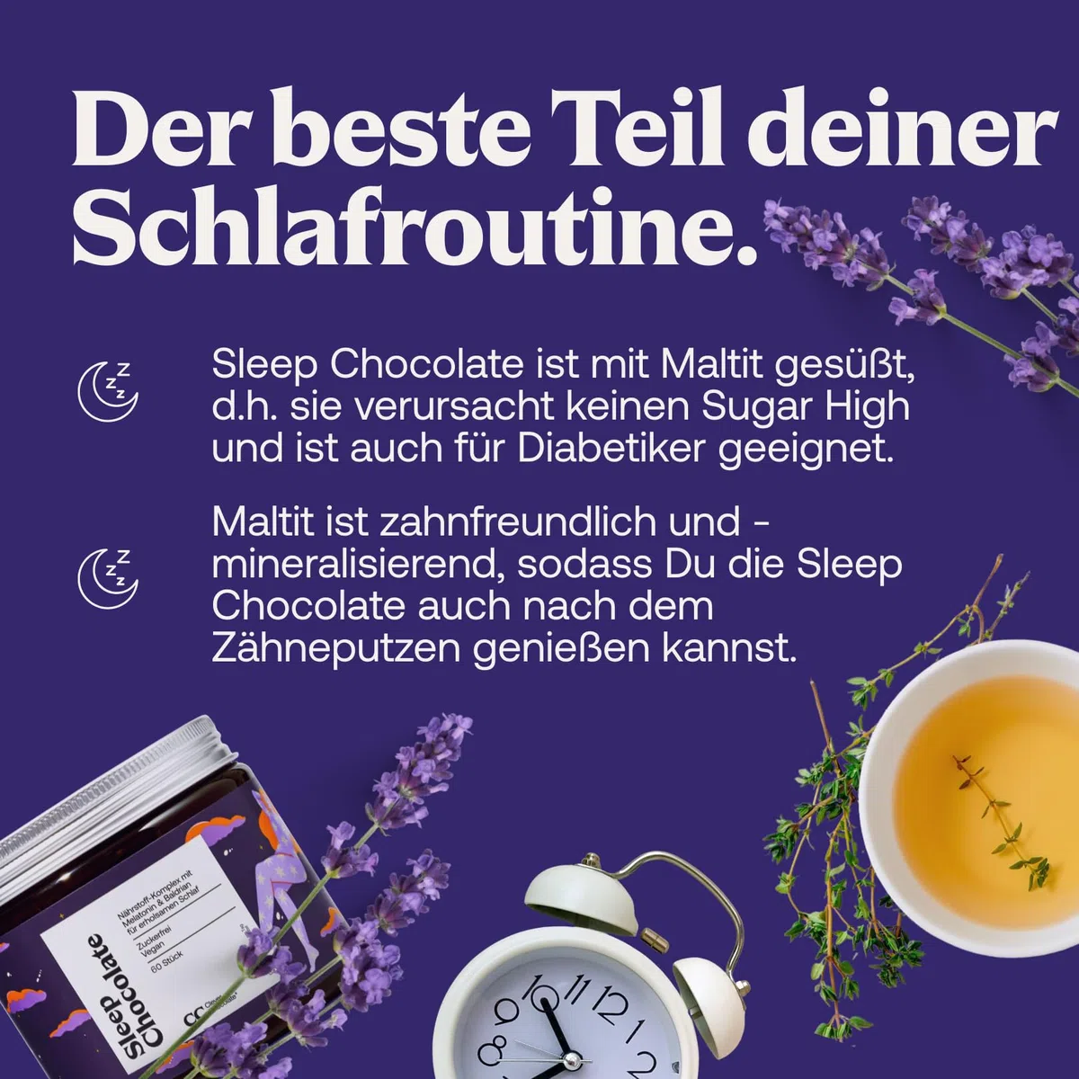 Sleep Chocolate - Melatonin, Baldrian, Vitamin B6 - verkürzte Einschlafzeit, Entspannung, Beruhigungsmittel, Einschlafhilfe - Zuckerfrei - Vegan - 60 Stück - Made in Germany - Clever Chocolate