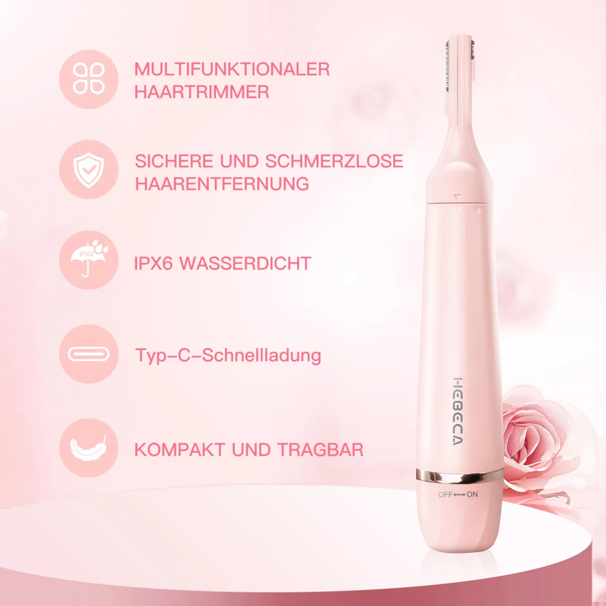 HEBECA Nasenhaartrimmer für Frauen 3-in-1 Elektrische Gesichtsharentfernung Wiederaufladbare Augenbrauenrasierer Elektrisch Portble Wasserdichte Gesichtsrasierer Rasierer (Rosa)