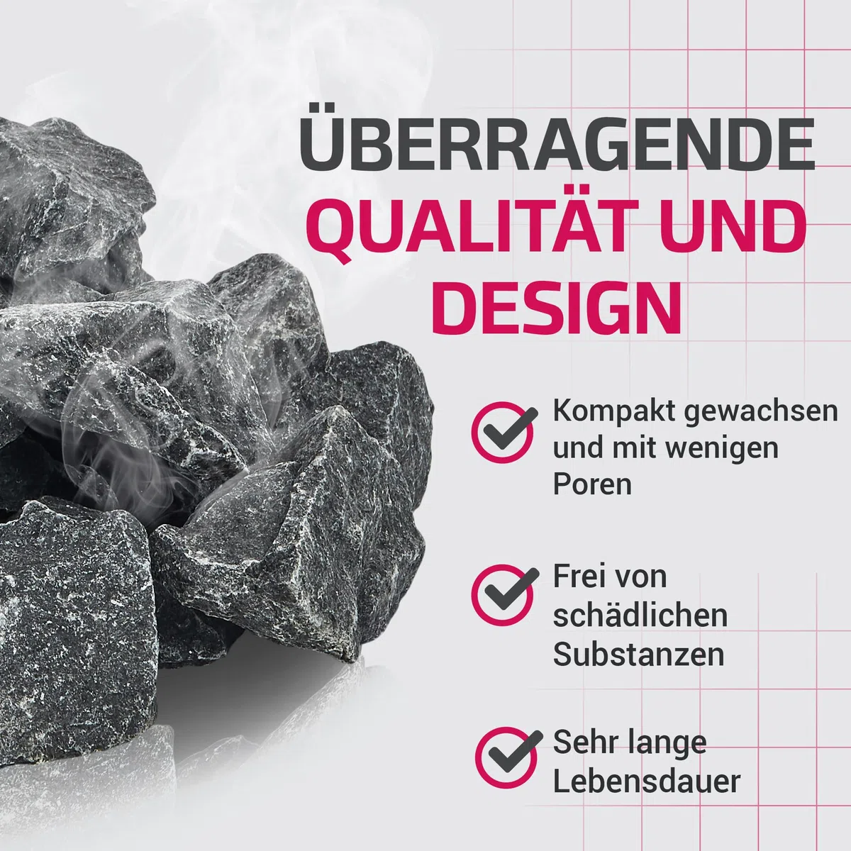 Suleno - Hochwertige Olivin-Diabas Saunasteine aus Finnland, Unverzichtbares Sauna-Zubehör, Ideal für den Saunaaufguss, Set mit variierenden 8- bis 10-Zentimeter-Steinen, Saunasteine 20kg
