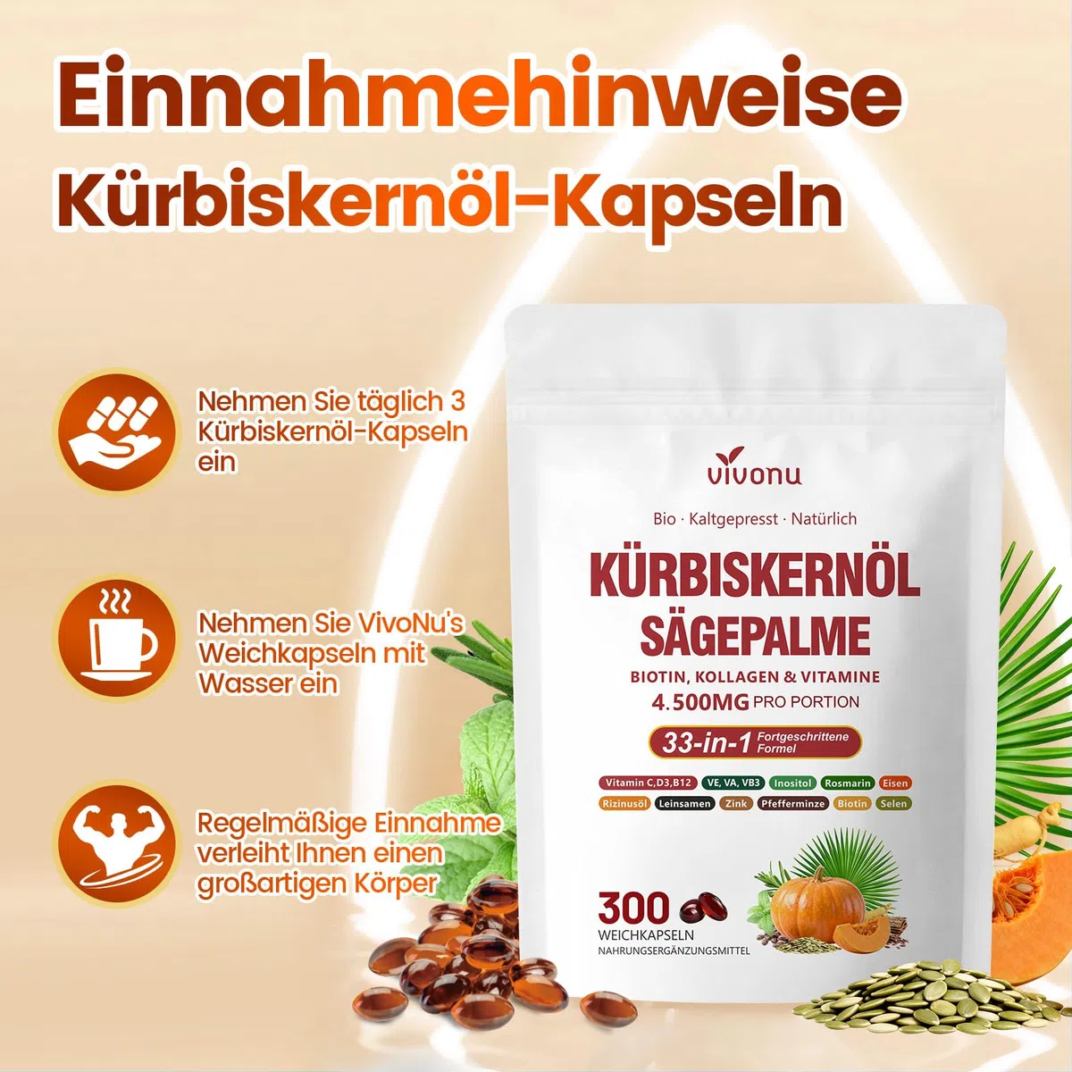 VivoNu Kürbiskernöl mit Sägepalme Kapseln | Prostata Kapseln | DHT-Blocker | 300 Weichkapseln | 4500 mg | Einzigartige Formel 33-in-1 mit Vitamin C, D3, B12, E, A, Zink, Biotin, Eisen