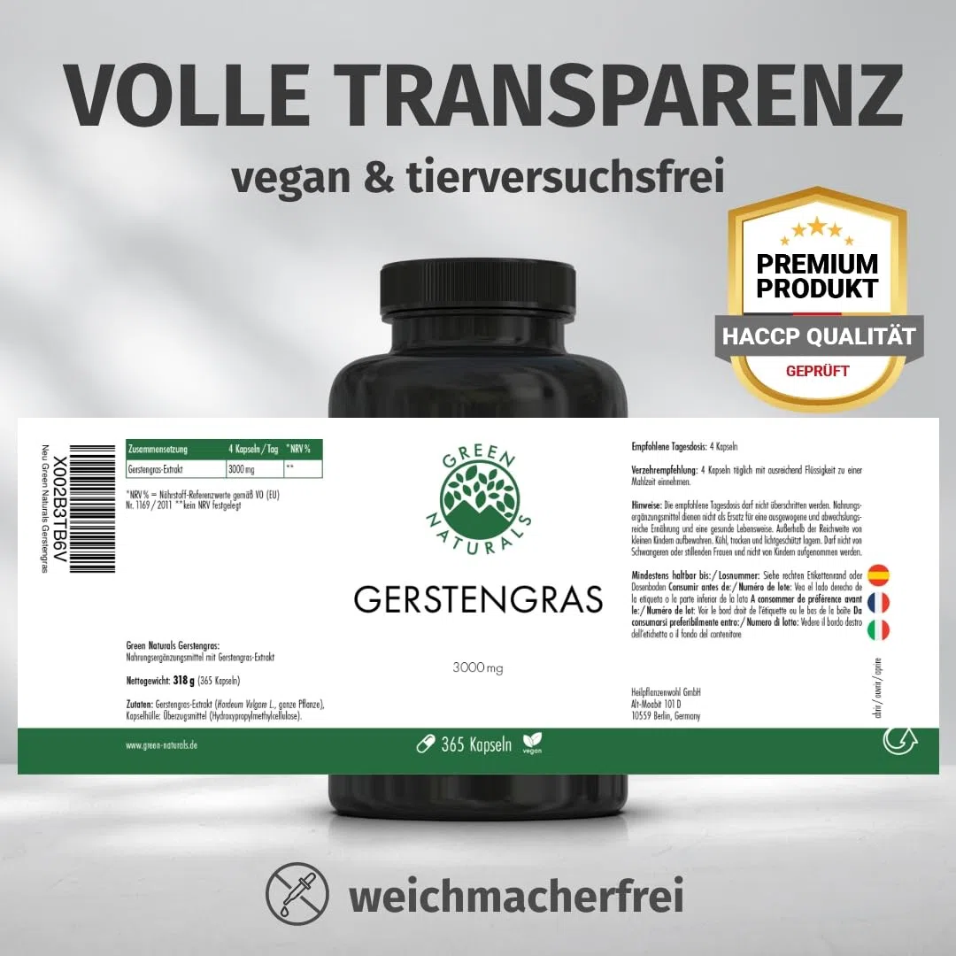 Green Naturals Gerstengras – Hochdosiert: 3.000 mg Extrakt – 365 Kapseln | 10:1 pro Tagesdosis · 3-Monatsvorrat · Laborgeprüft