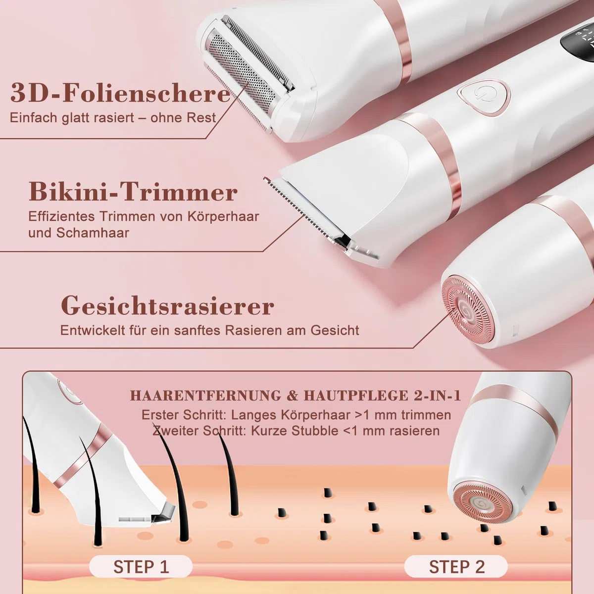 MAXGROOM 3-in-1 Intimrasierer für Frauen,Akku Elektrischer Rasierer Damen Intimbereich mit LED Nass-Trocken Damenrasierer Elektrisch,Bikini Trimmer Damen Intimbereich