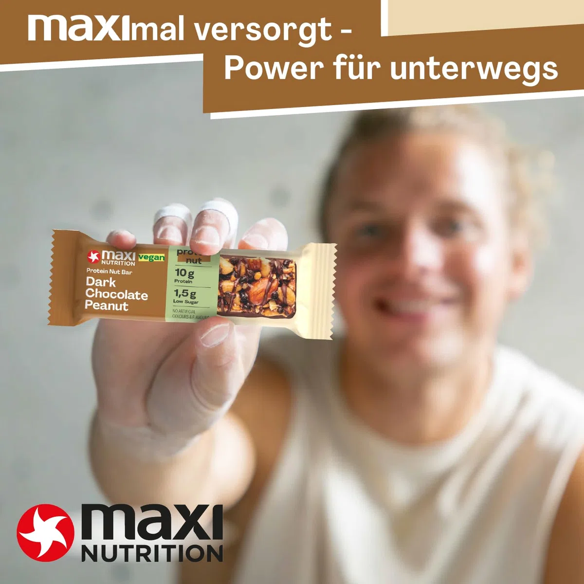 MaxiNutrition Dark Chocolate Peanut Nussriegel vegan 12x46g – Protein Riegel aus ganzen Nüssen mit 22% Protein, plant based, ohne Zuckerzusatz, ohne künstliche Aromen