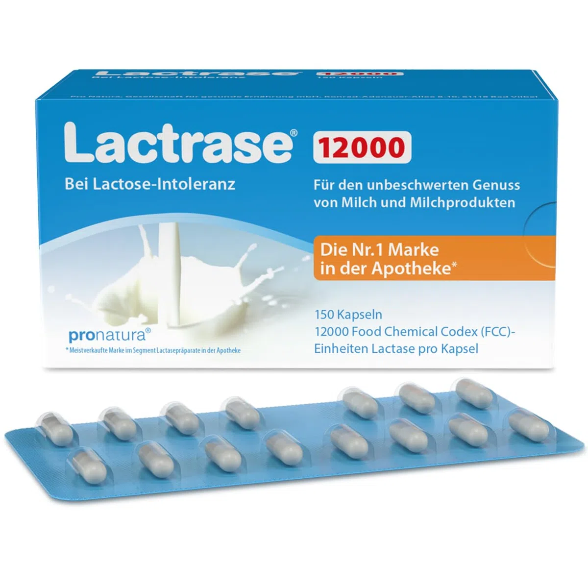 pro natura Lactrase 12000 – 150 Lactase Kapseln bei Lactose-Intoleranz, für den unbeschwerten Genuss von Milch und Milchprodukten