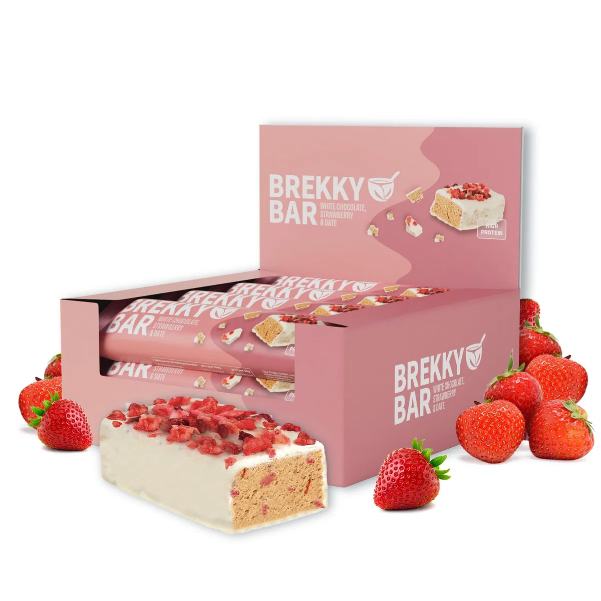 Brekky Bar Erdbeer Proteinriegel Vegan – 11g pflanzliches Protein pro Riegel – ohne Zuckerzusatz, 100% vegan & natürlich – High Protein Riegel mit Datteln, Mandeln & Erdbeeren