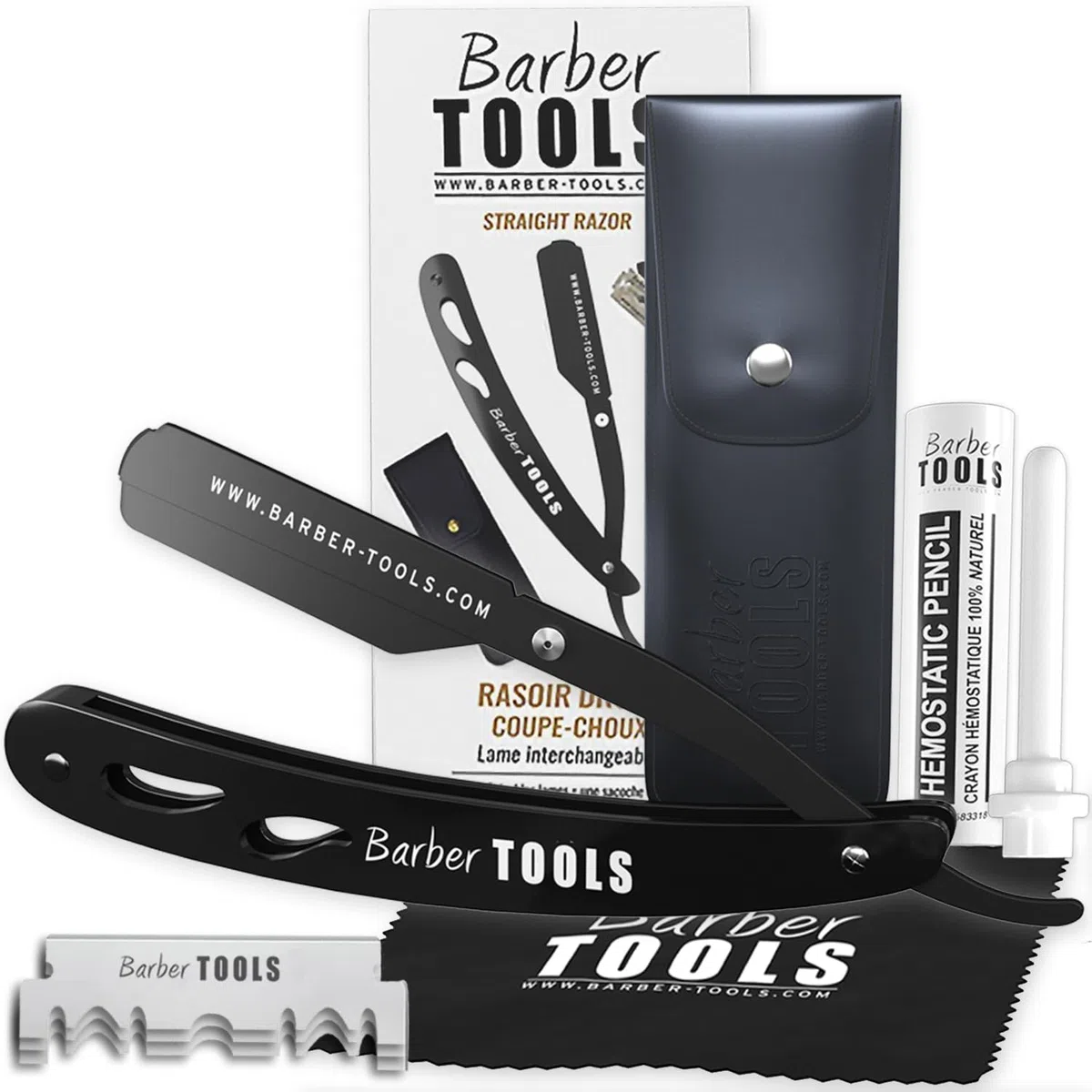 Bart-Rasier-Set für Männer/Bart-Rasiermesser - mit 50 Einzelklingen + Führungskamm + 80-ml-klarem Rasiergel + 30-ml-Aftershave + Alunstift + großer Beutel - SCHWARZ - BARBER TOOLS