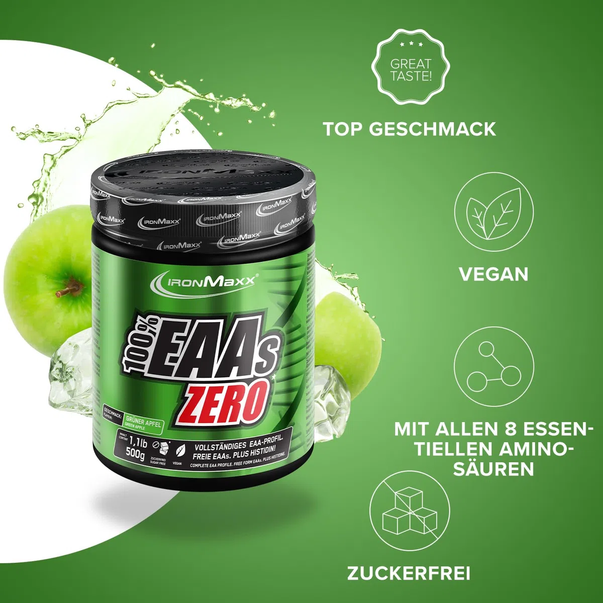 IronMaxx 100% EAAs Apple 500g - EAAs Pulver hochdosiert, Vegan und zuckerfrei, 8 essentielle Aminosäuren zur Ergänzung deiner Sporternährung