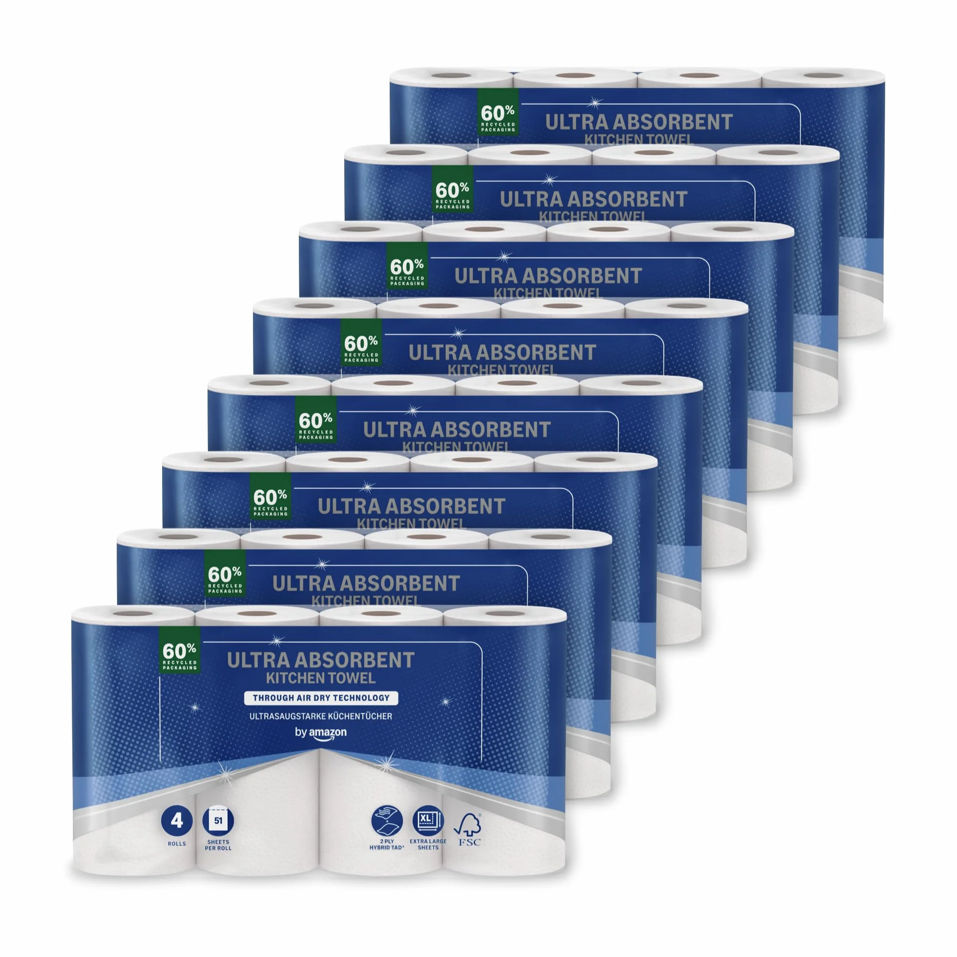 by Amazon Ultra-saugfähige TAD-Küchenrolle, 32 Rollen (8 Packungen à 4), 51 Blätter pro Rolle, FSC-zertifiziert (früher “Presto!”)