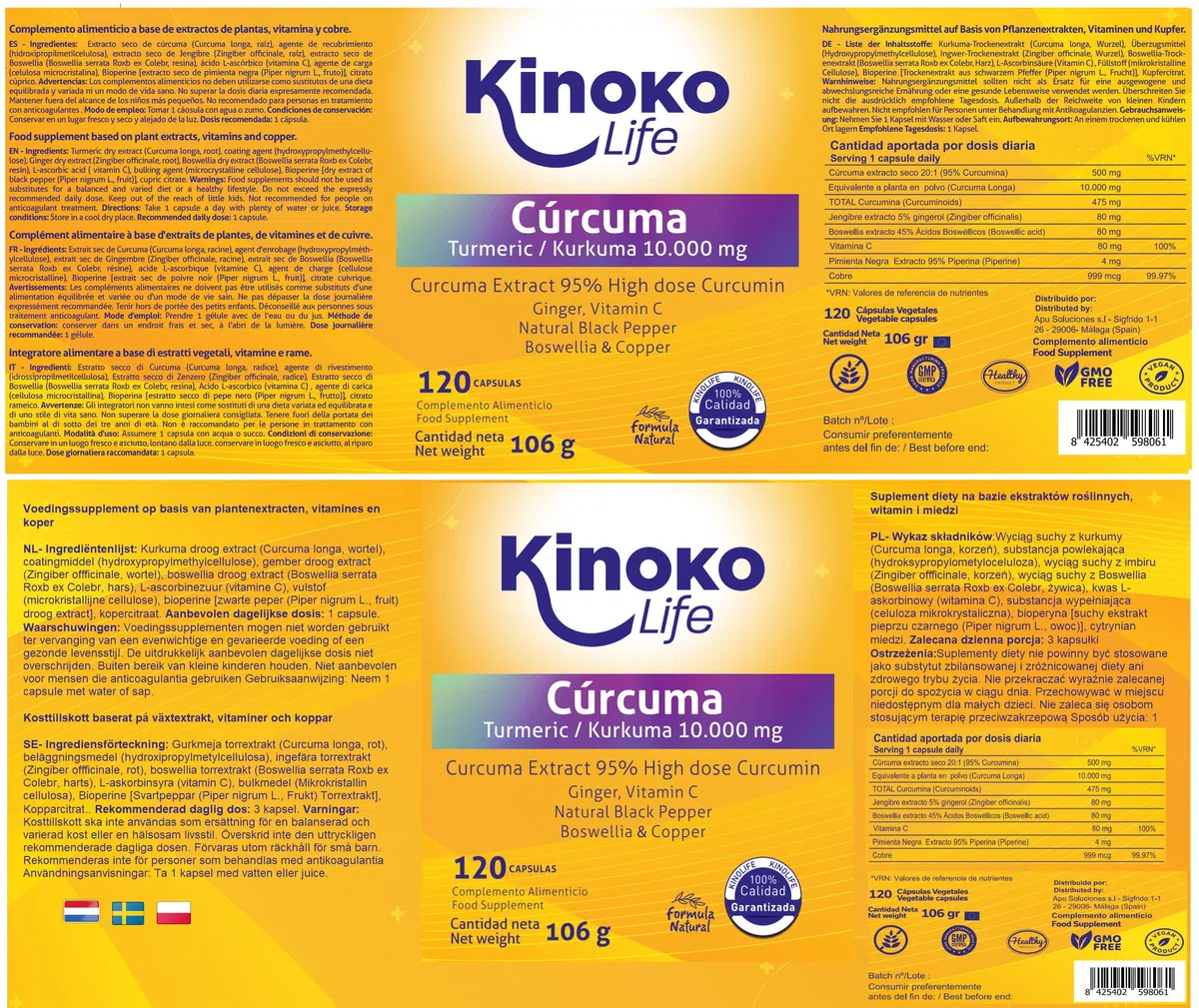 KURKUMA 10000 mg REINES CURCUMIN | 120 Kapseln | 95% Extrakt | Ingwer, schwarzer Pfeffer, Boswellia, Vitamin C und Kupfer | Hoch absorbierend | Entzündungshemmend für Ihre Gelenke