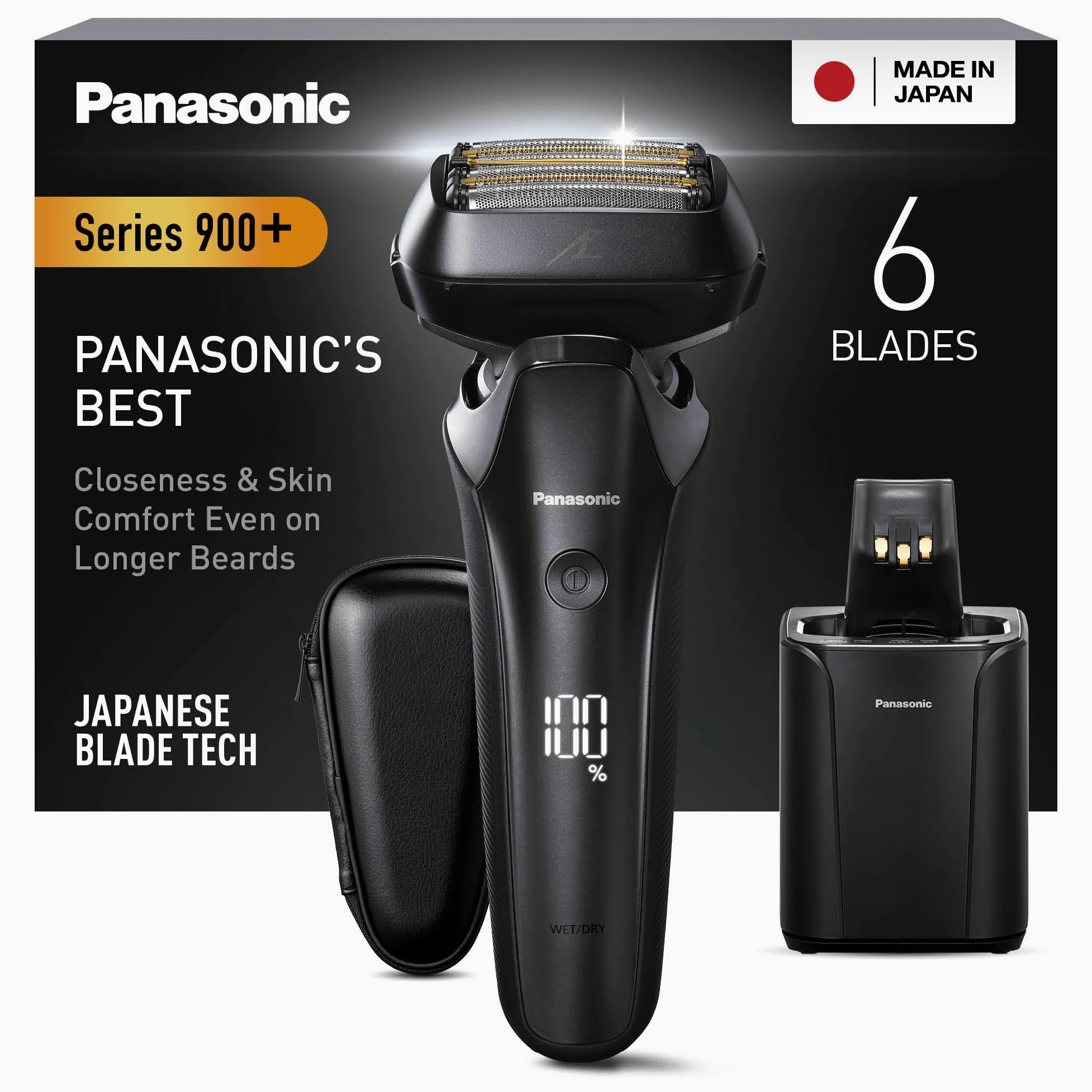 Panasonic Series 900+ ES-LS9A-K803 6-Klingen Nass- & Trockenrasierer für Männer, Elektrorasierer mit Bartdichtensensor und automatischem Reinigungs- und Ladesystem