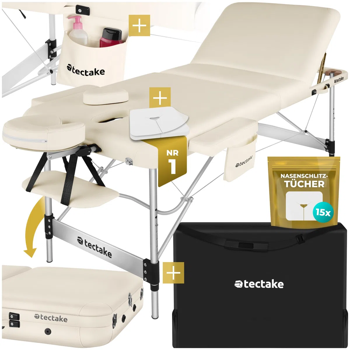 tectake Massageliege 3 Zonen klappbar höhenverstellbar Aluminium Massagetisch tragbar inkl. Zubehör beige